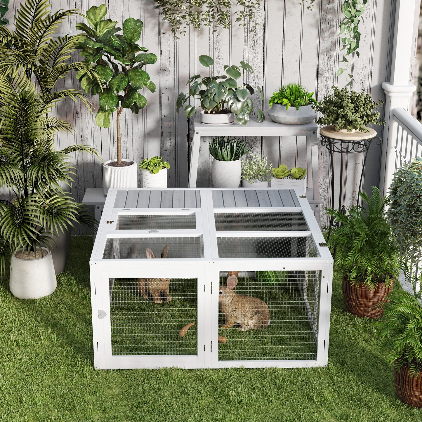 Light Grey PawHut Rabbit Hutch with Convenient Openable Roof - ALL4U RETAILER LTD