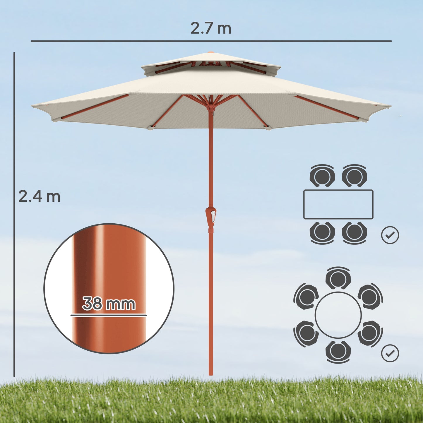 Outsunny 2.7m Garden Parasol With Double Top Canopy And Crank System Outdoor Market Table Umbrella Cream White