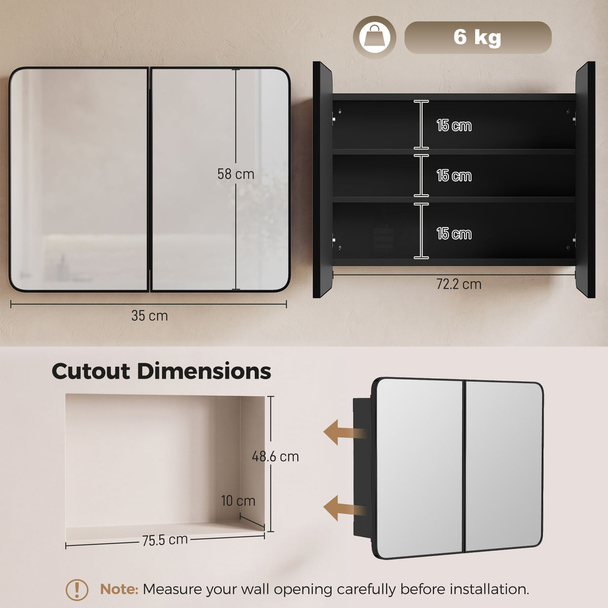 Black bathroom mirror cabinet dimension diagram with two-door mirror layout