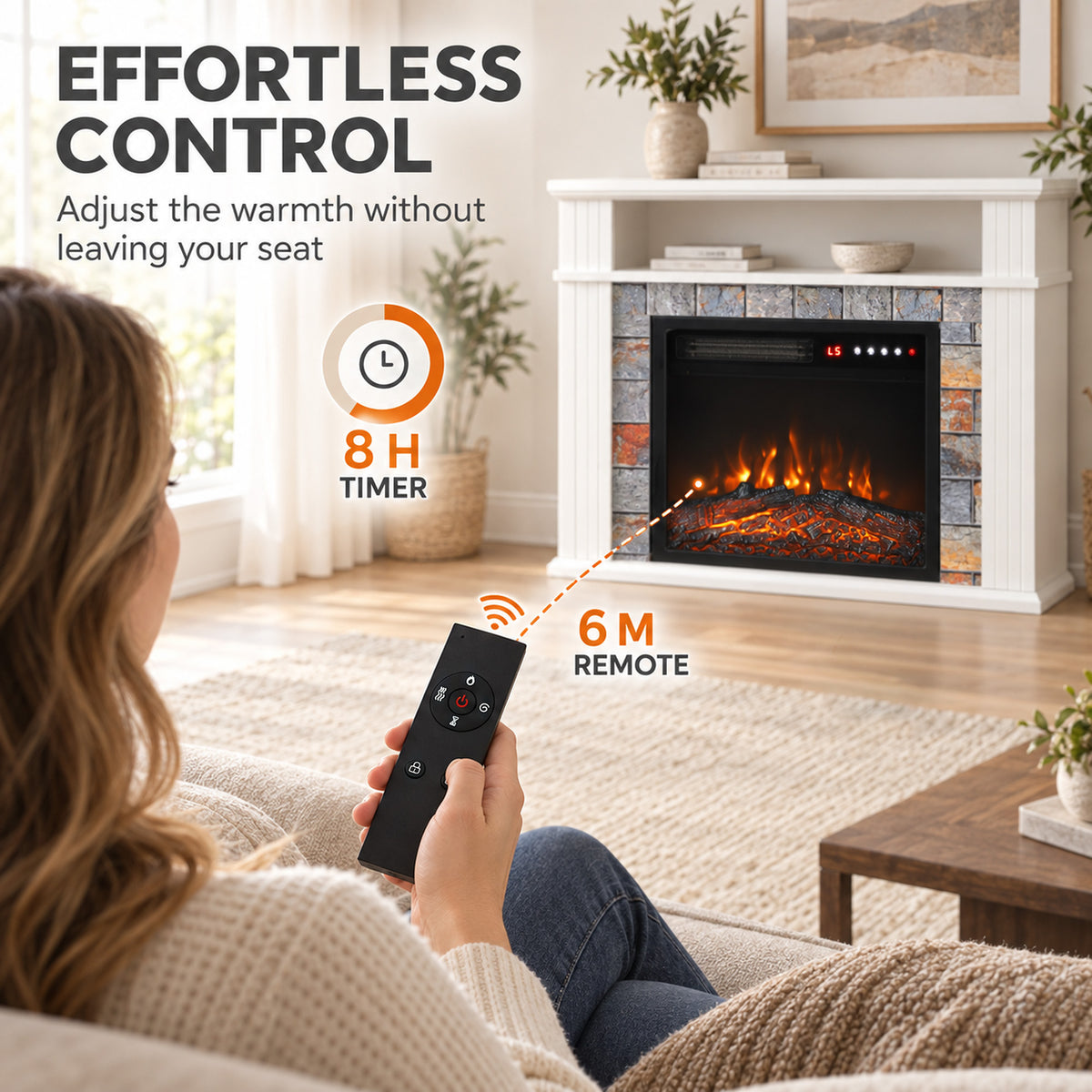 White electric fireplace TV stand with LED flame; handheld remote control shown.