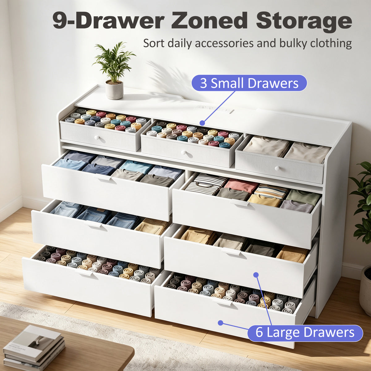 White dresser with open drawers showing organized storage compartments