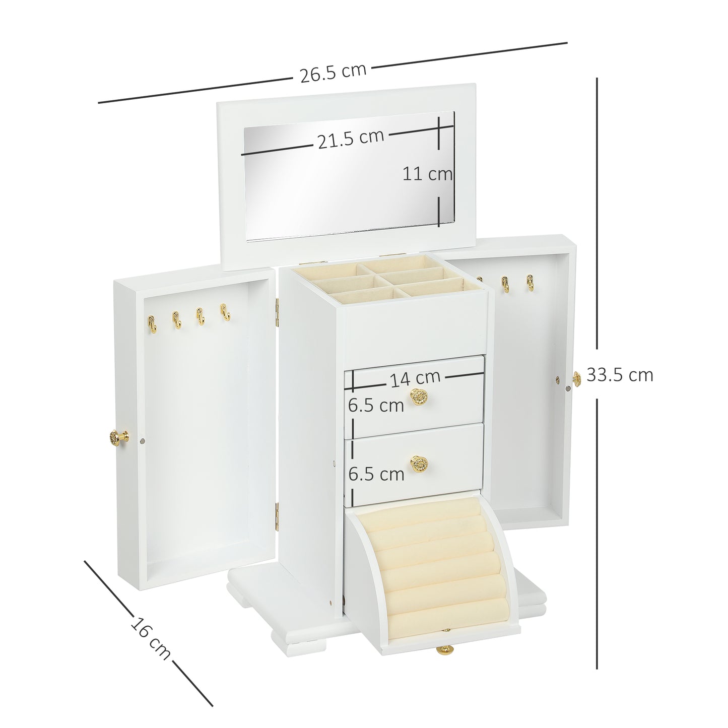 HOMCOM 4 Tier Jewellery Box With Mirror And 2 Drawers White For Ring Earrings Necklace Storage Organiser