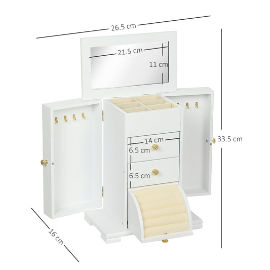 White jewelry organizer cabinet with open interior, mirror frame, and tiered drawer compartments.