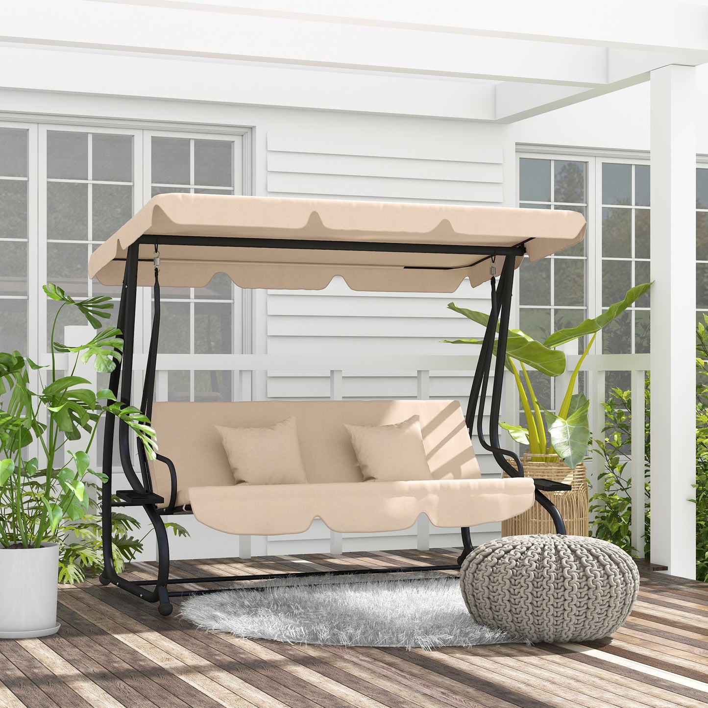 Outsunny Three Person Garden Swing Chair With Adjustable Canopy Light Brown Cushioned Seat For Relaxation