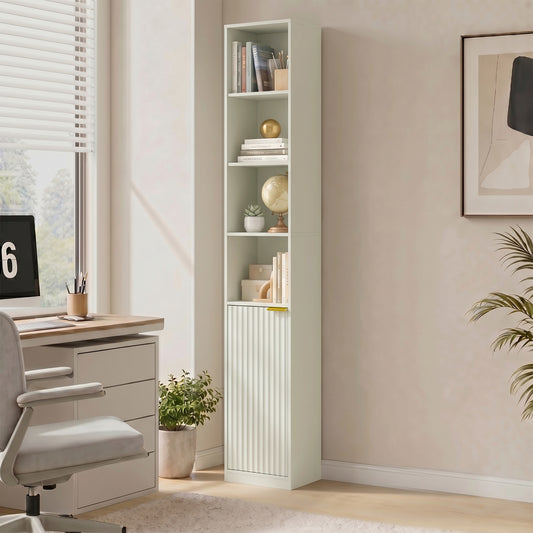 Light green 6-tier bookcase with open shelves and a bottom closed cabinet