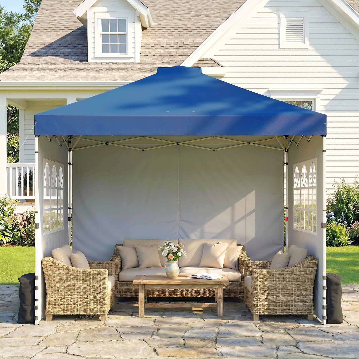Outsunny Pop Up Gazebo 3 x 3 m Waterproof Height Adjustable Canopy With 3 Sidewalls And Wheeled Bag Dark Blue