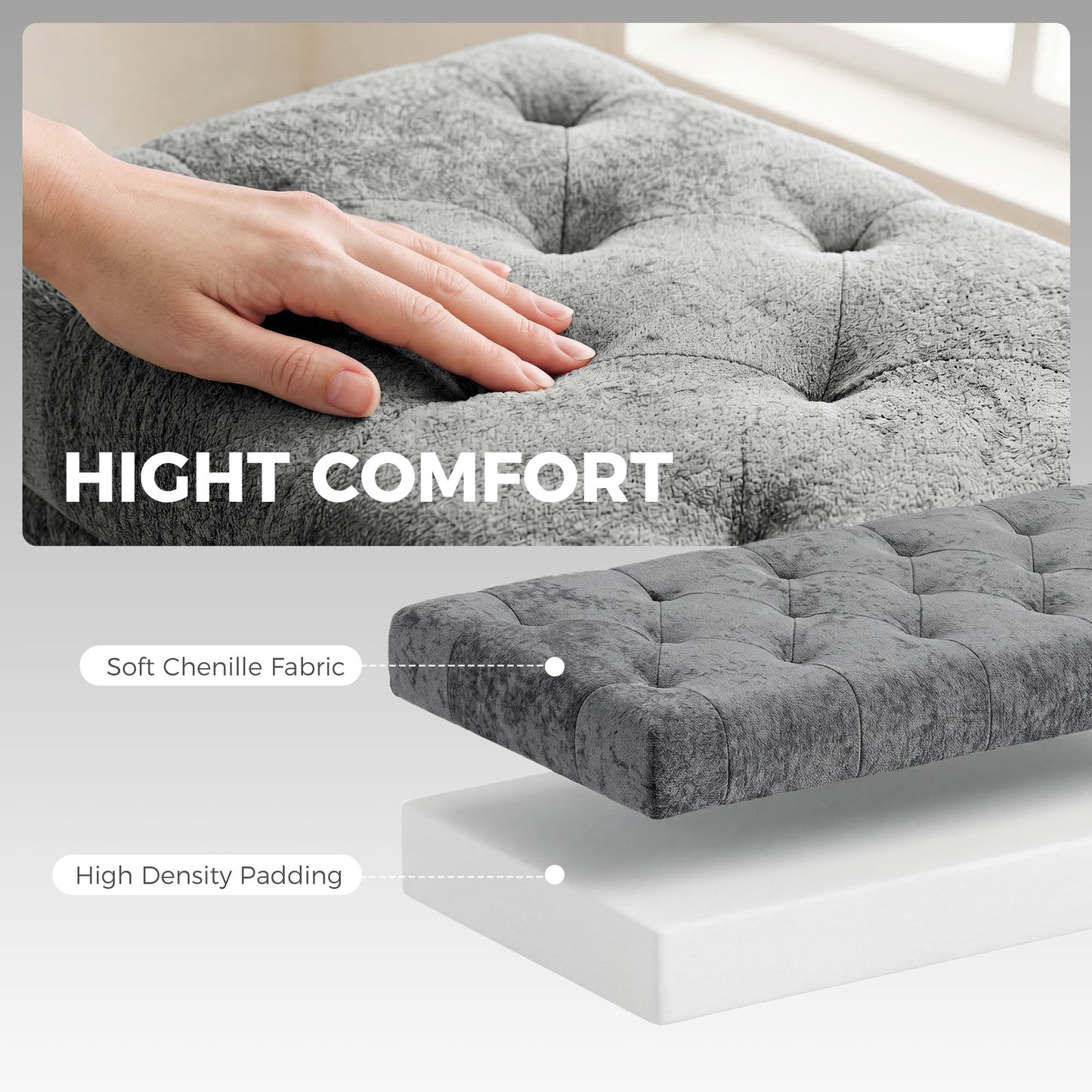 HOMCOM Chenille Upholstered Storage Ottoman With Hidden Storage Padded Seat Metal Legs Grey