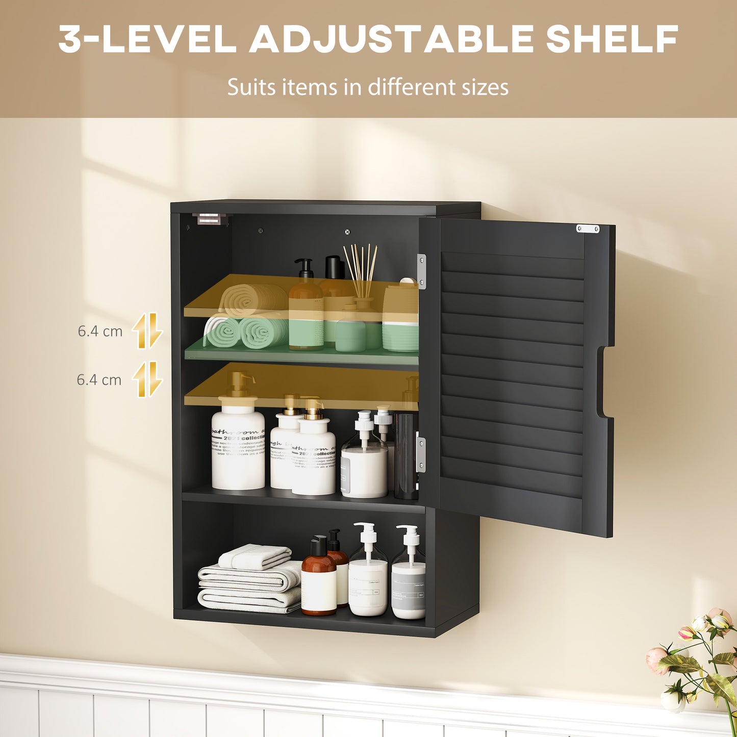 HOMCOM Wall Mounted Bathroom Cabinet With Adjustable Shelves Black 40 x 20 x 60 cm Space Saving Storage
