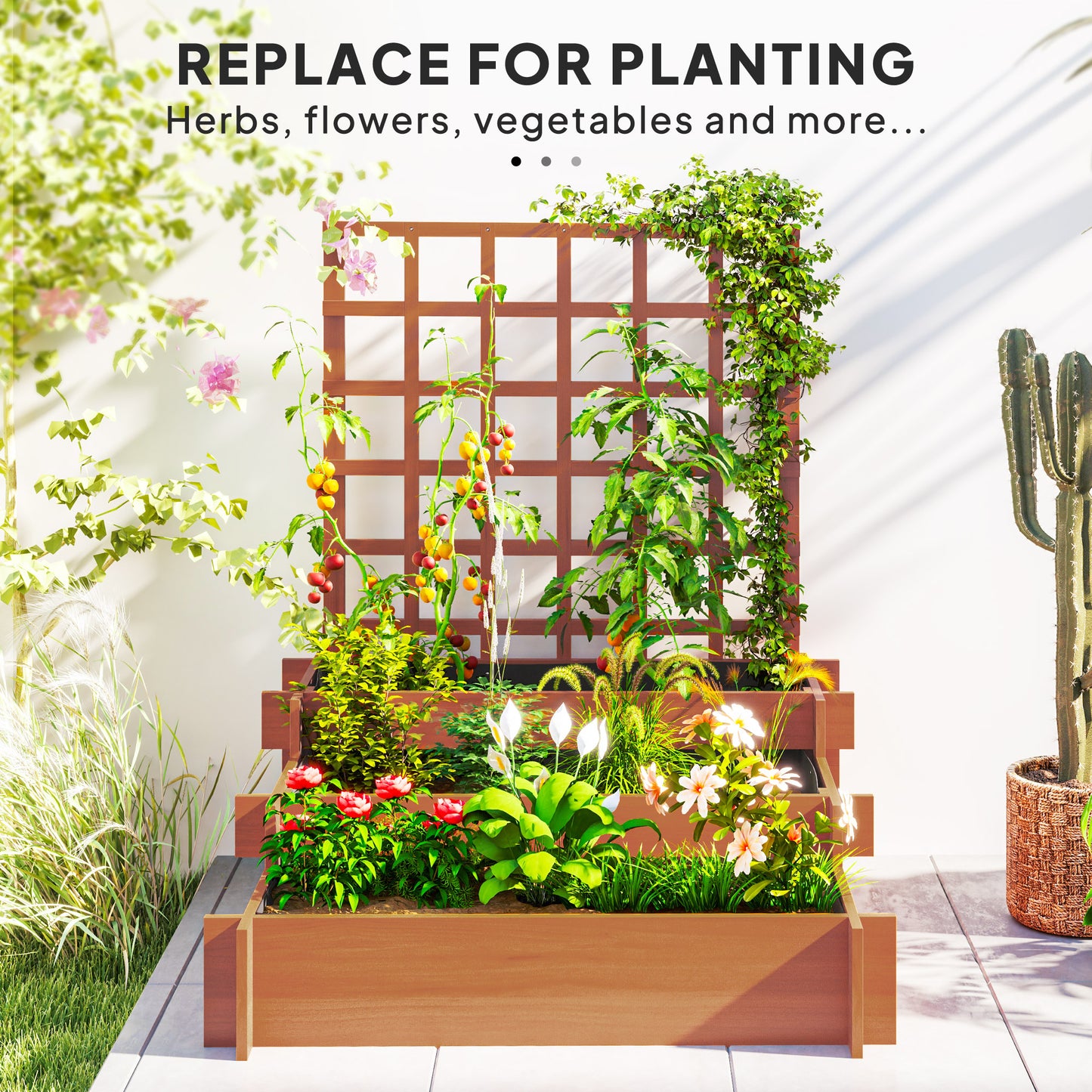 Outsunny 3 Tier Garden Planters With Trellis For Vine Climbing Wooden Raised Beds 95x95x110cm Brown