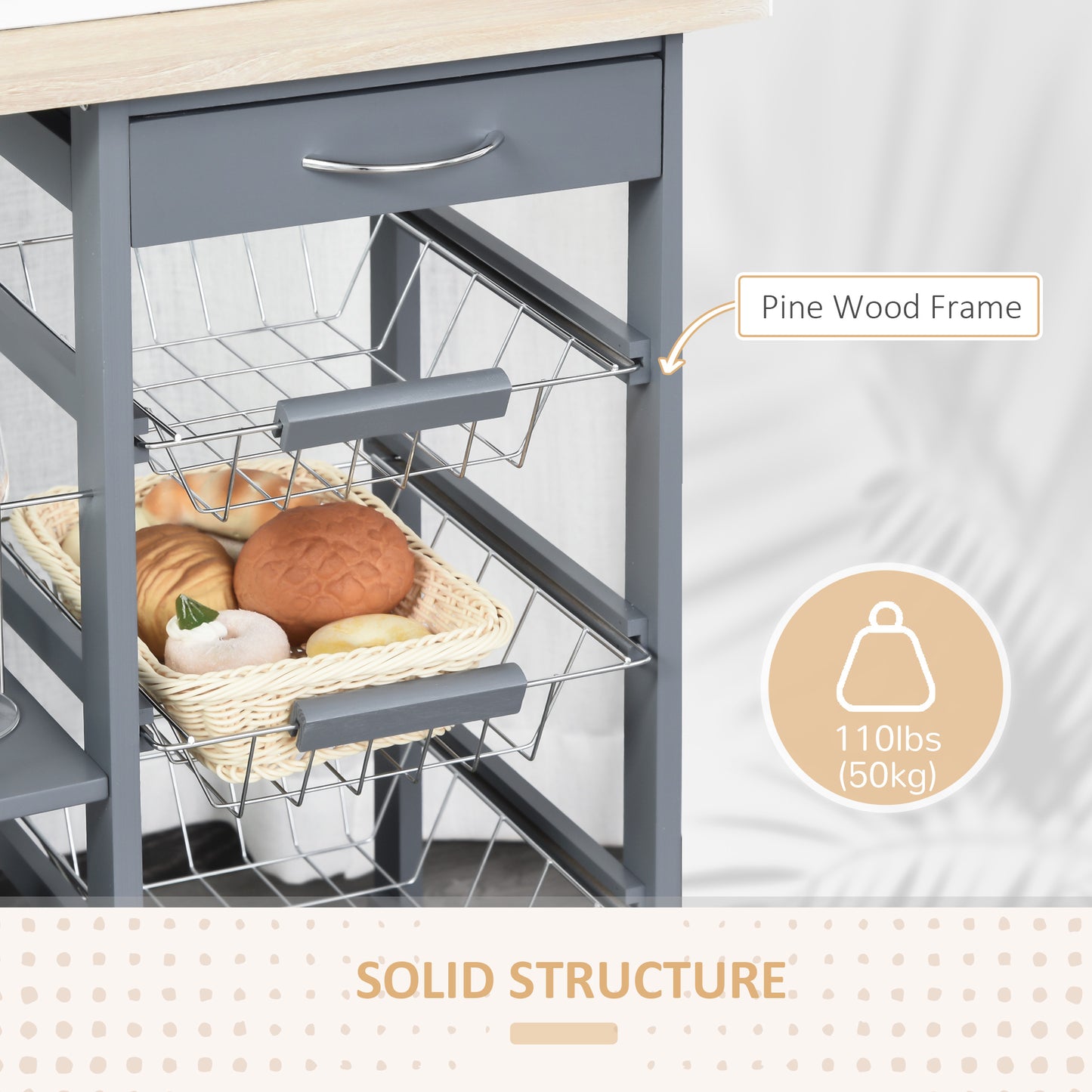 HOMCOM Rolling Kitchen Cart With Four Basket Drawers And Side Racks On Wheels For Dining Room Grey
