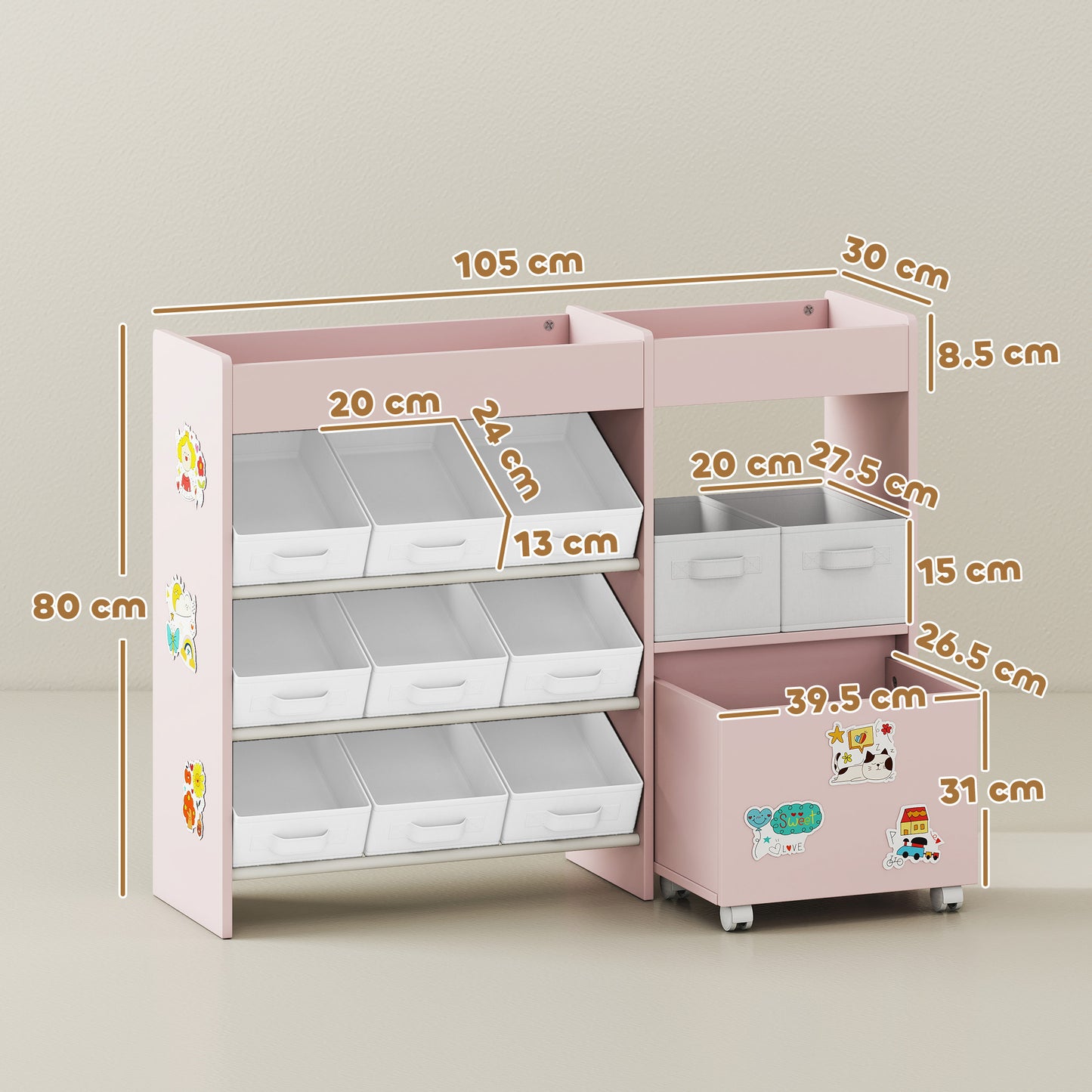 AIYAPLAY Kids Toy Storage Unit With 11 Fabric Bins Cabinet Top Shelves And 3 Stickers Pink For Nursery Playroom