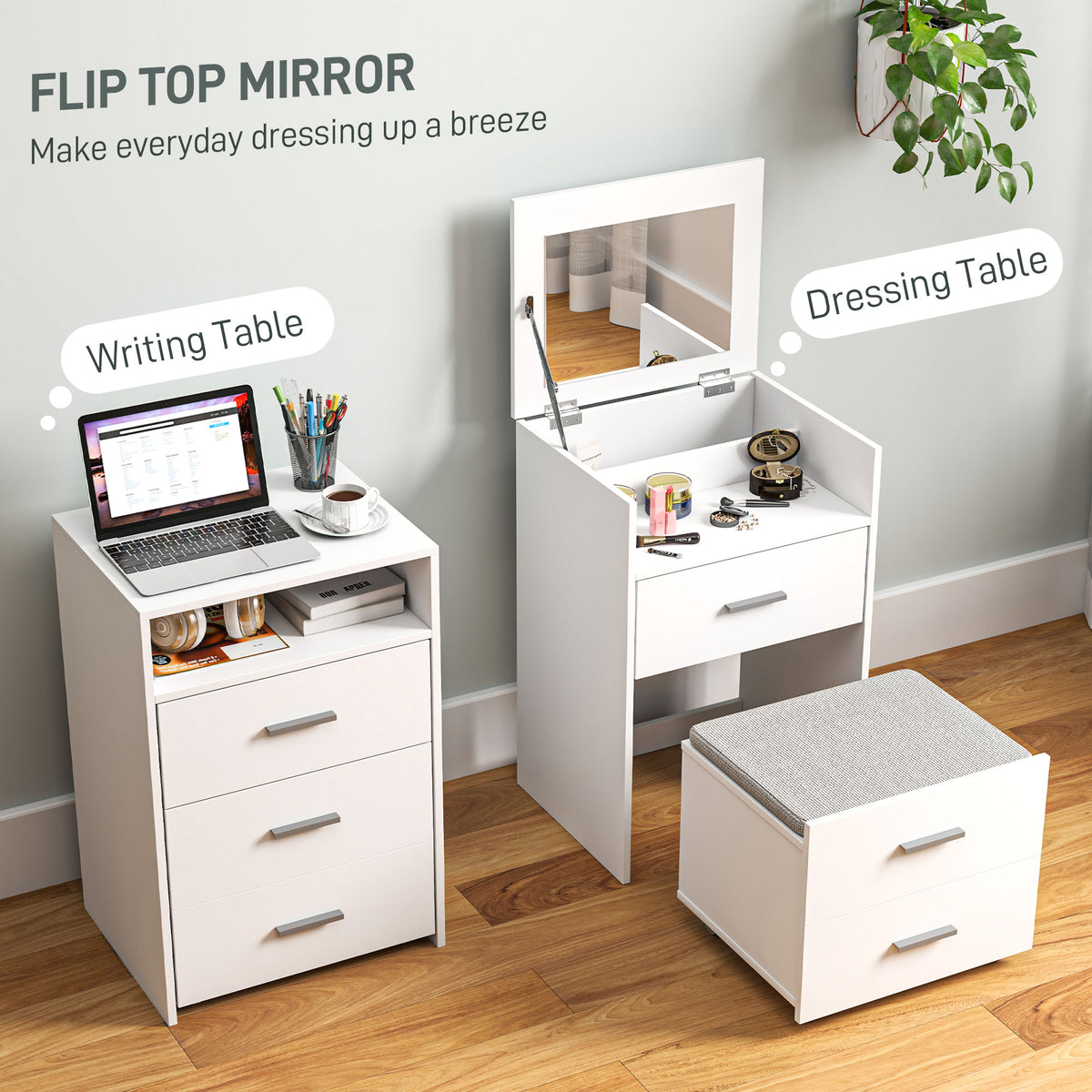 White vanity desk with flip-up mirror and open shelves, with cushioned stool.