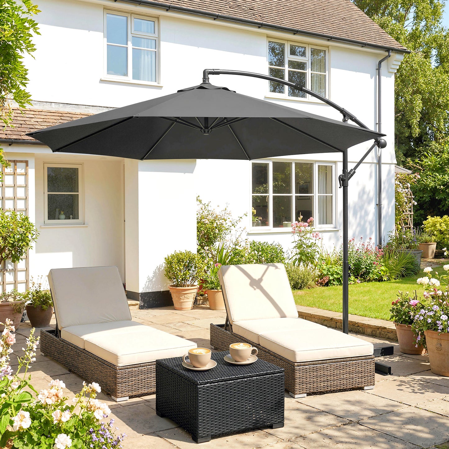 Outsunny 3m Overhanging Cantilever Parasol With Cross Base Grey For Patio And Garden Sun Shade 8 Rib Thick Fabric Canopy