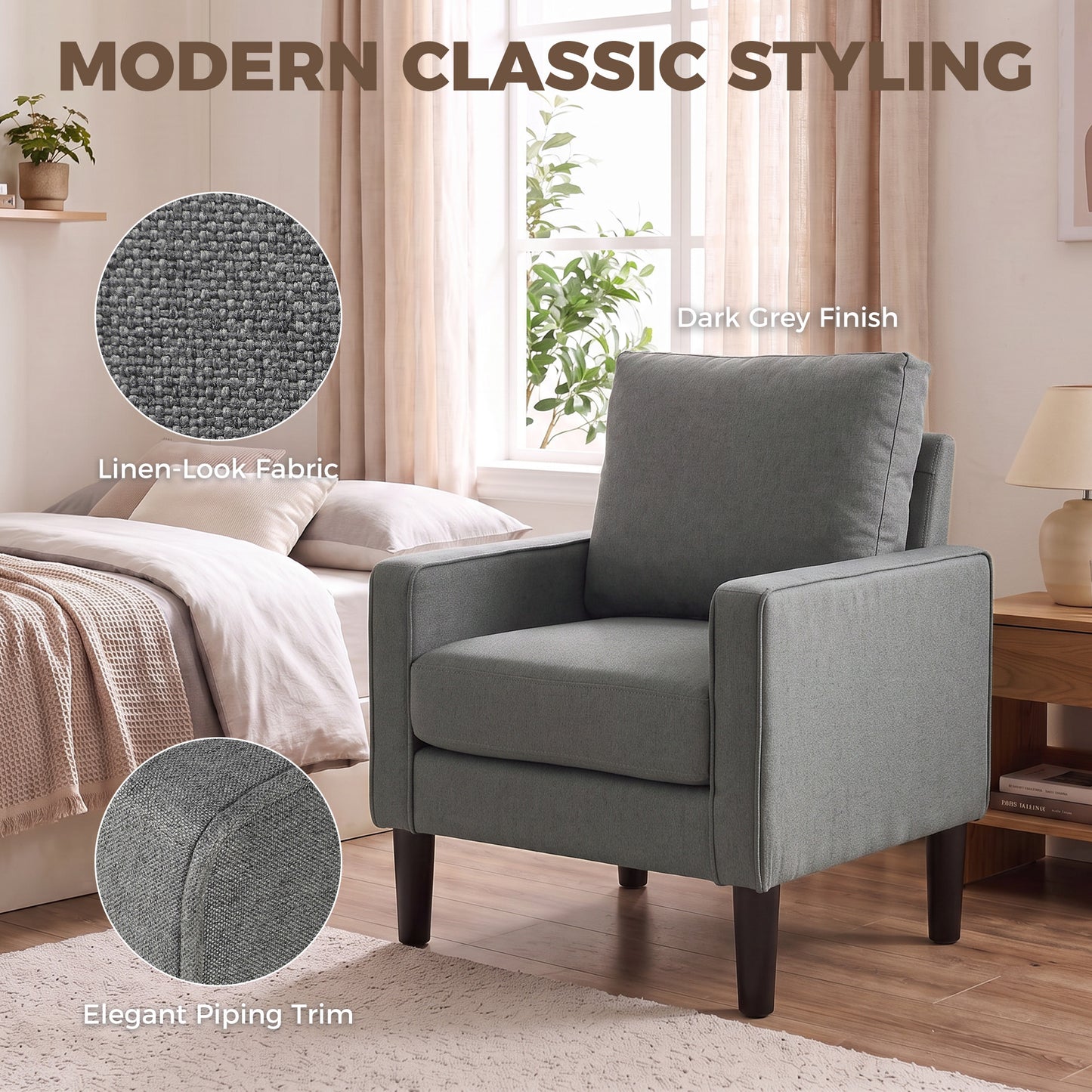 HOMCOM Linen Accent Chair Dark Grey Spring Cushion Living Room