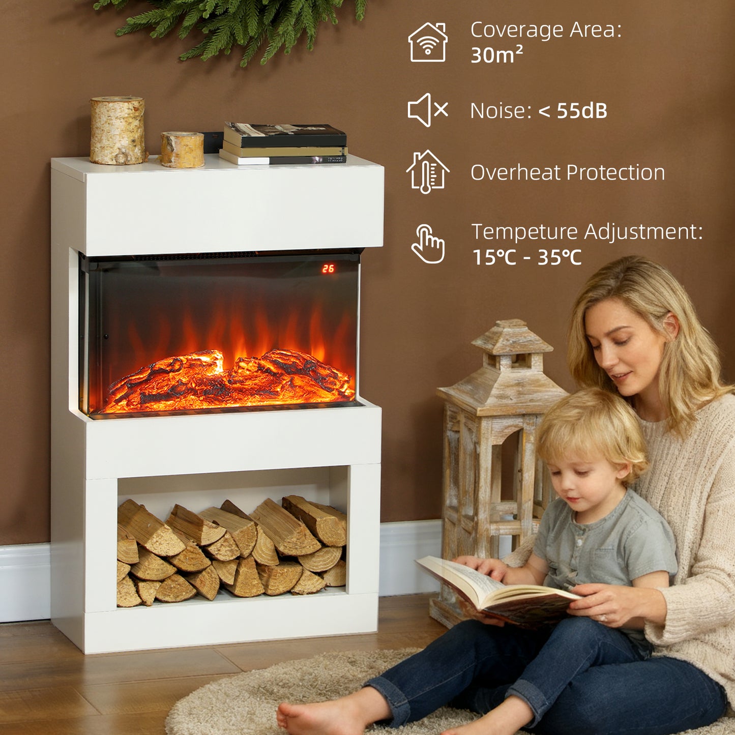 HOMCOM 19 Inch Electric Fireplace With Surround Mantel 3D Flame 1000W 2000W White Remote Timer 3 Sided View