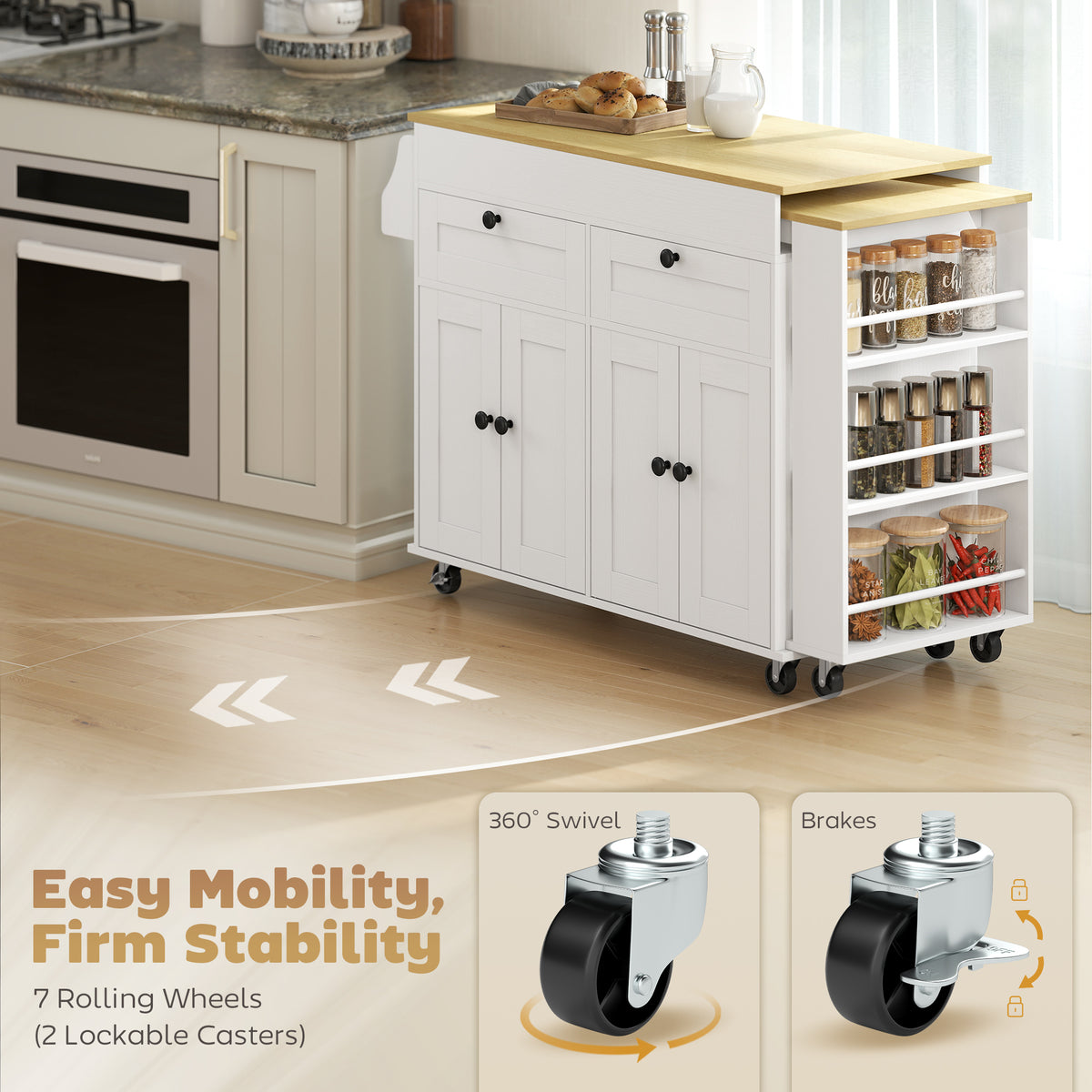 Rolling kitchen island with white cabinet doors, side pantry shelves, and locking caster wheels.