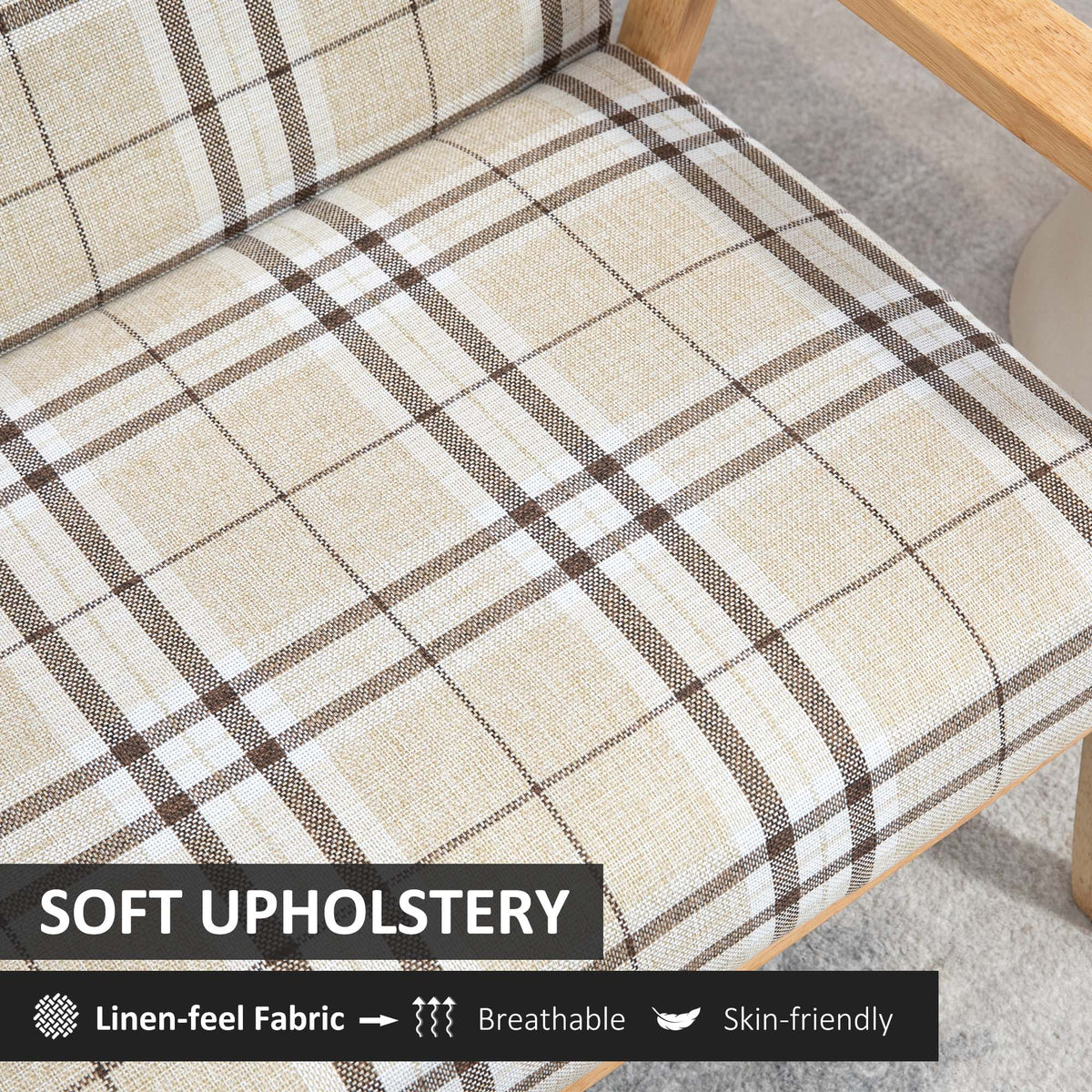 Plaid linen-feel upholstered loveseat seat cushion texture detail