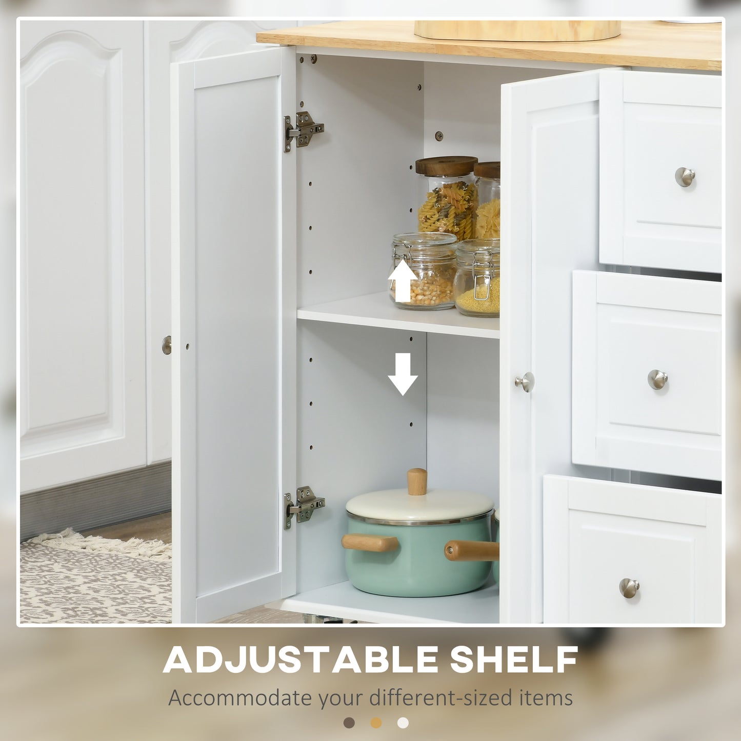 HOMCOM Kitchen Island On Wheels With Drop Leaf 3 Drawers Spice Rack And Towel Rack Rubber Wood Top Trolley White