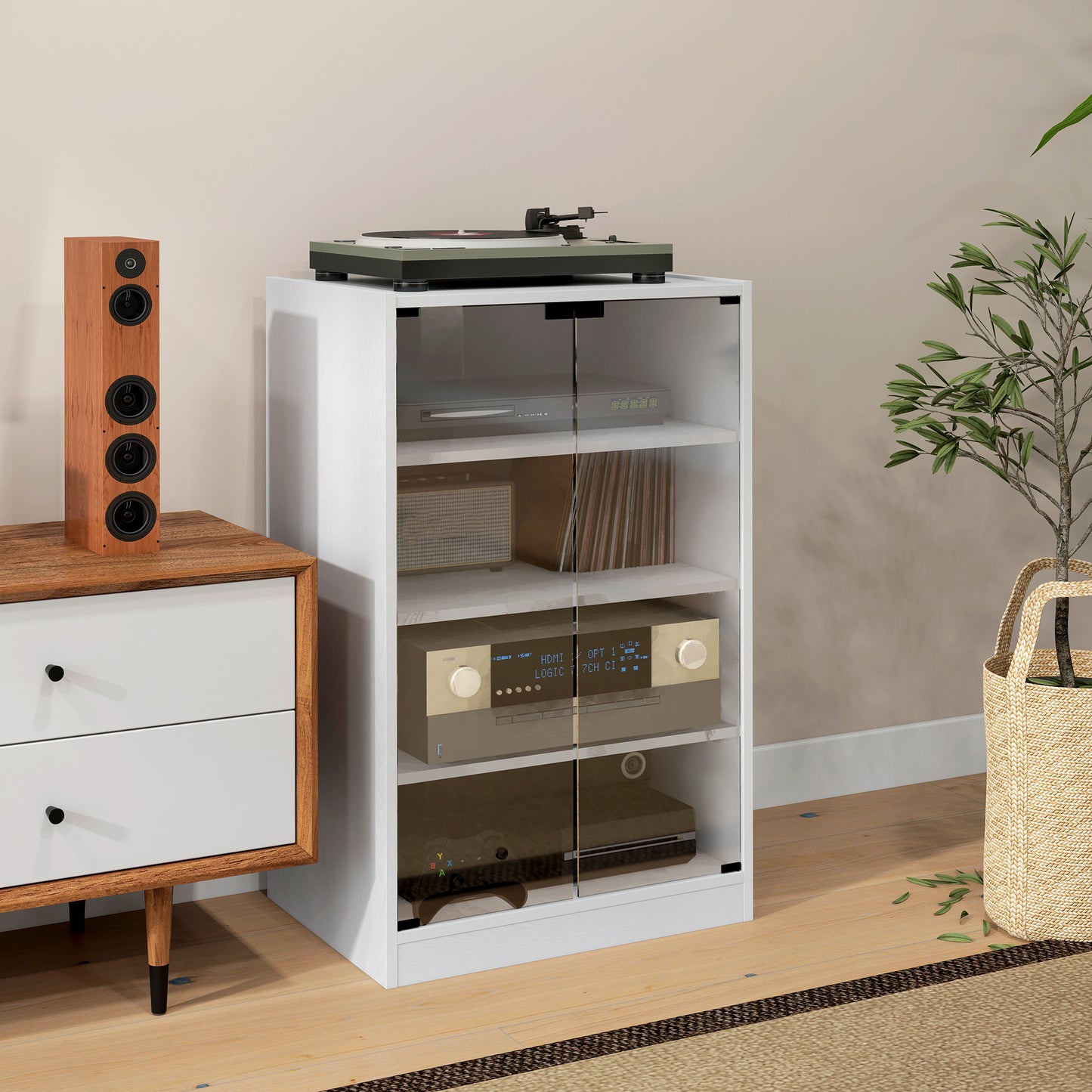 HOMCOM Four Tier Hi Fi Stand Record Player Stand With Adjustable Shelves And Push To Open Glass Doors White Wood Effect