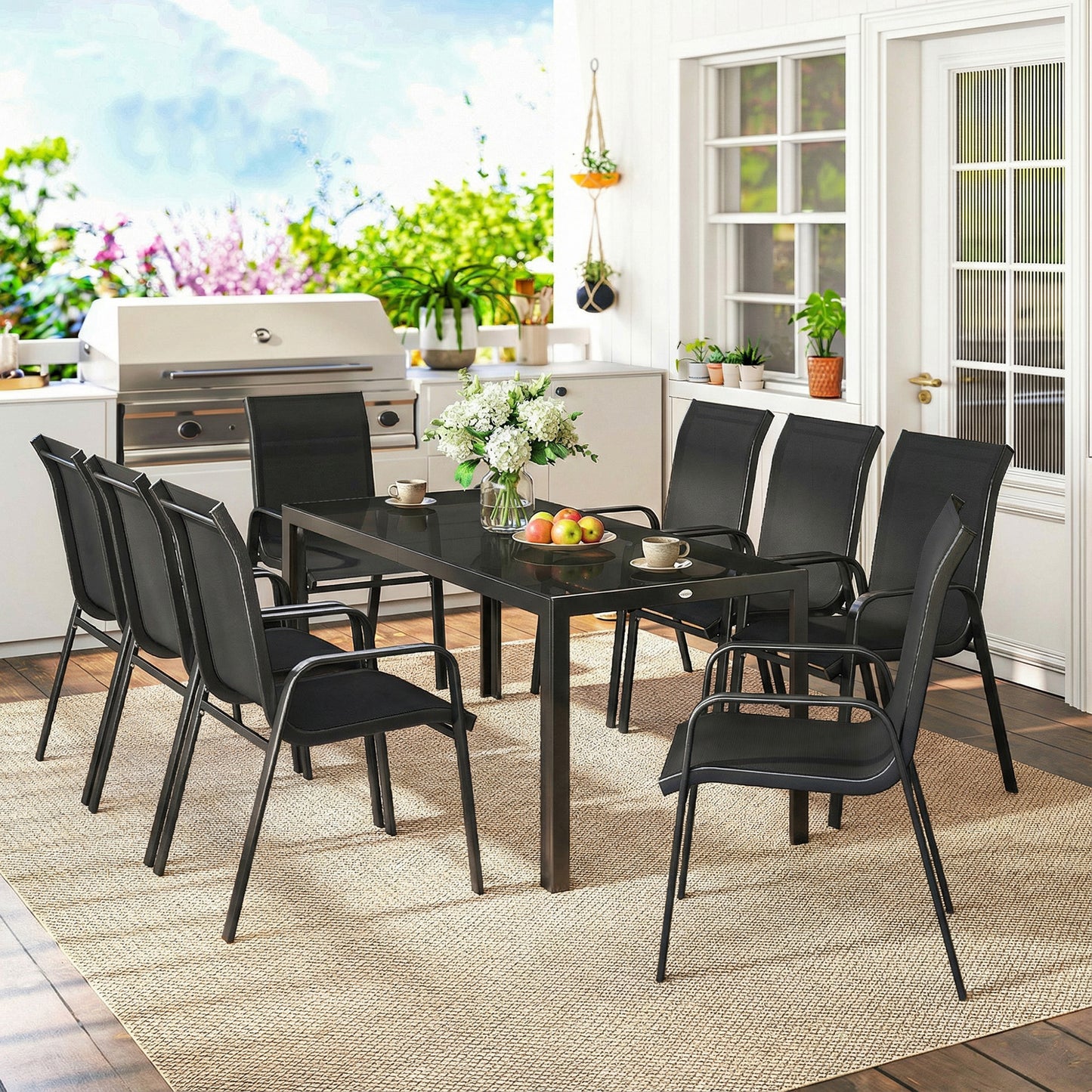 Outsunny 9 Piece Garden Dining Set For 8 With Tempered Glass Top And Outdoor Table And Chairs Black