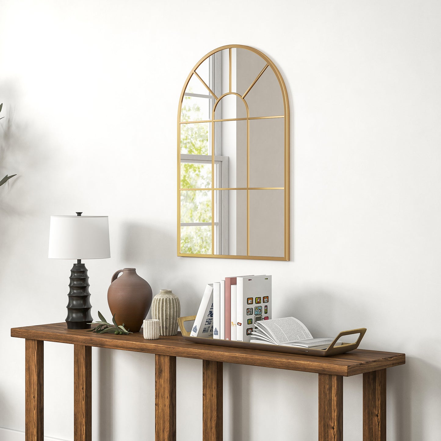 HOMCOM 90 By 61 Cm Arched Grid Mirror Gold Tone With Metal Frame Wall Mount Hooks For Bedroom Hallway Decor