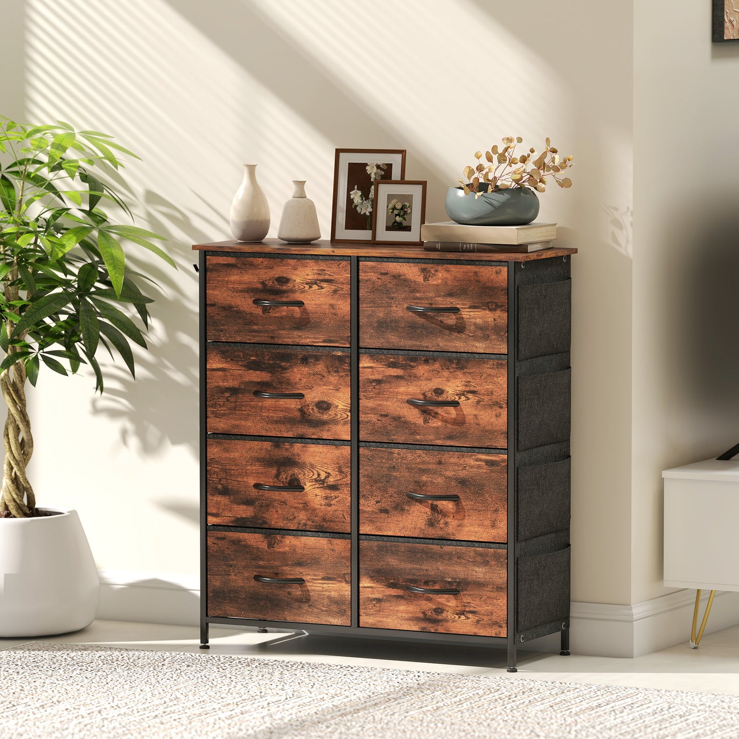 HOMCOM Chest Of Eight Fabric Drawers Rustic Brown With Steel Frame And X Bars For Bedroom Storage