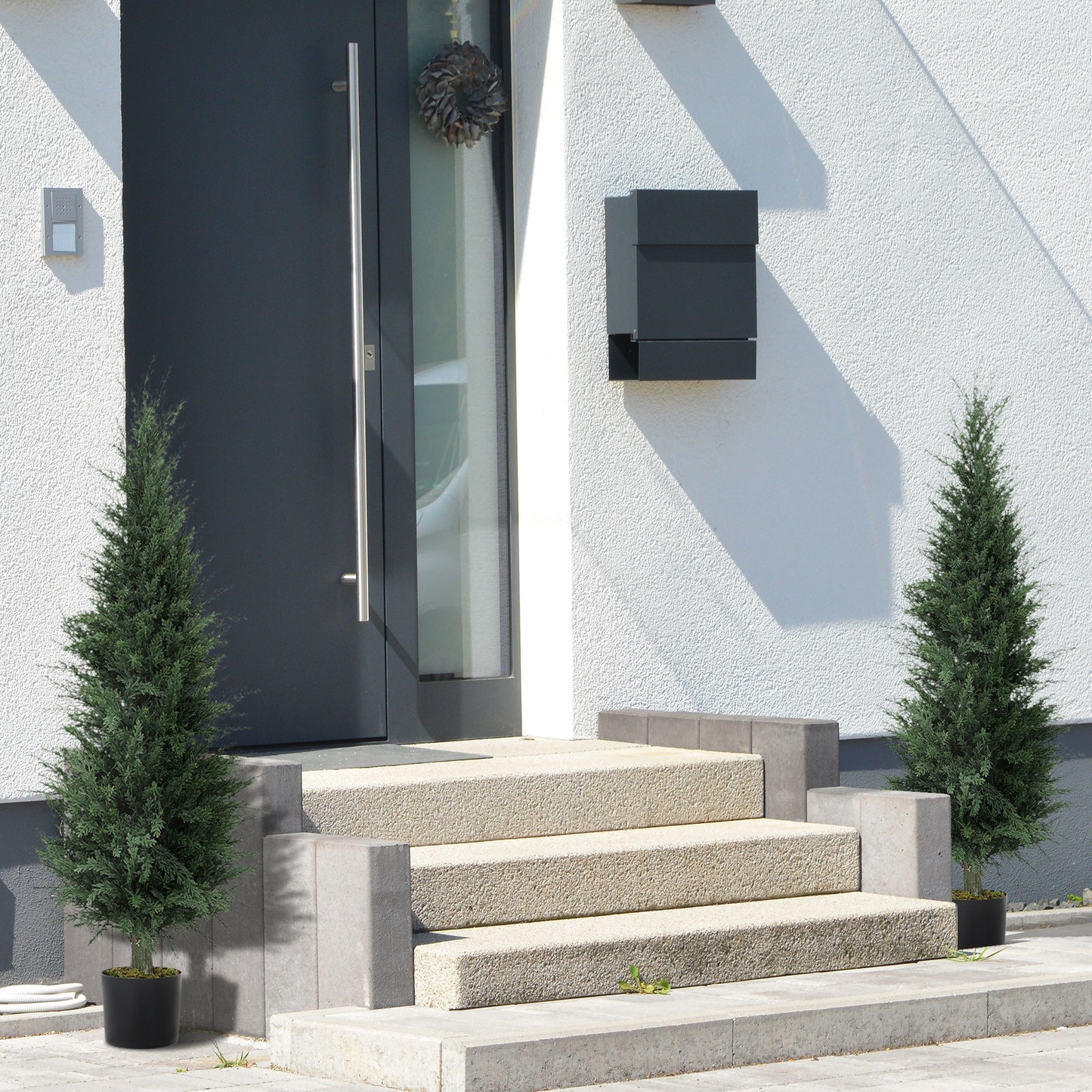 HOMCOM Set Of Two Artificial Cypress Trees In Cement Pots Green UV Resistant Durable Plastic Indoor Outdoor Decor