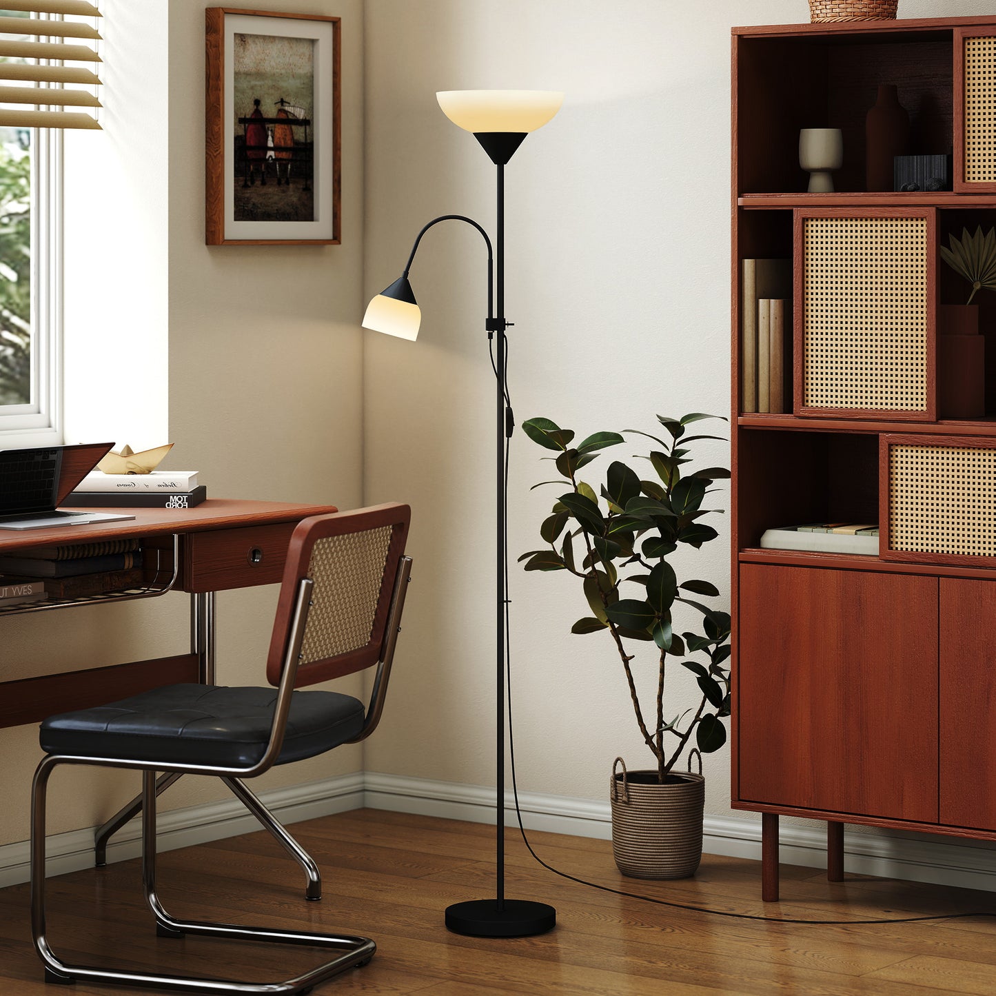 HOMCOM LED Floor Lamp With Mother And Child Uplighter Adjustable Gooseneck Color Temperatures 3000K 4500K 6500K Black