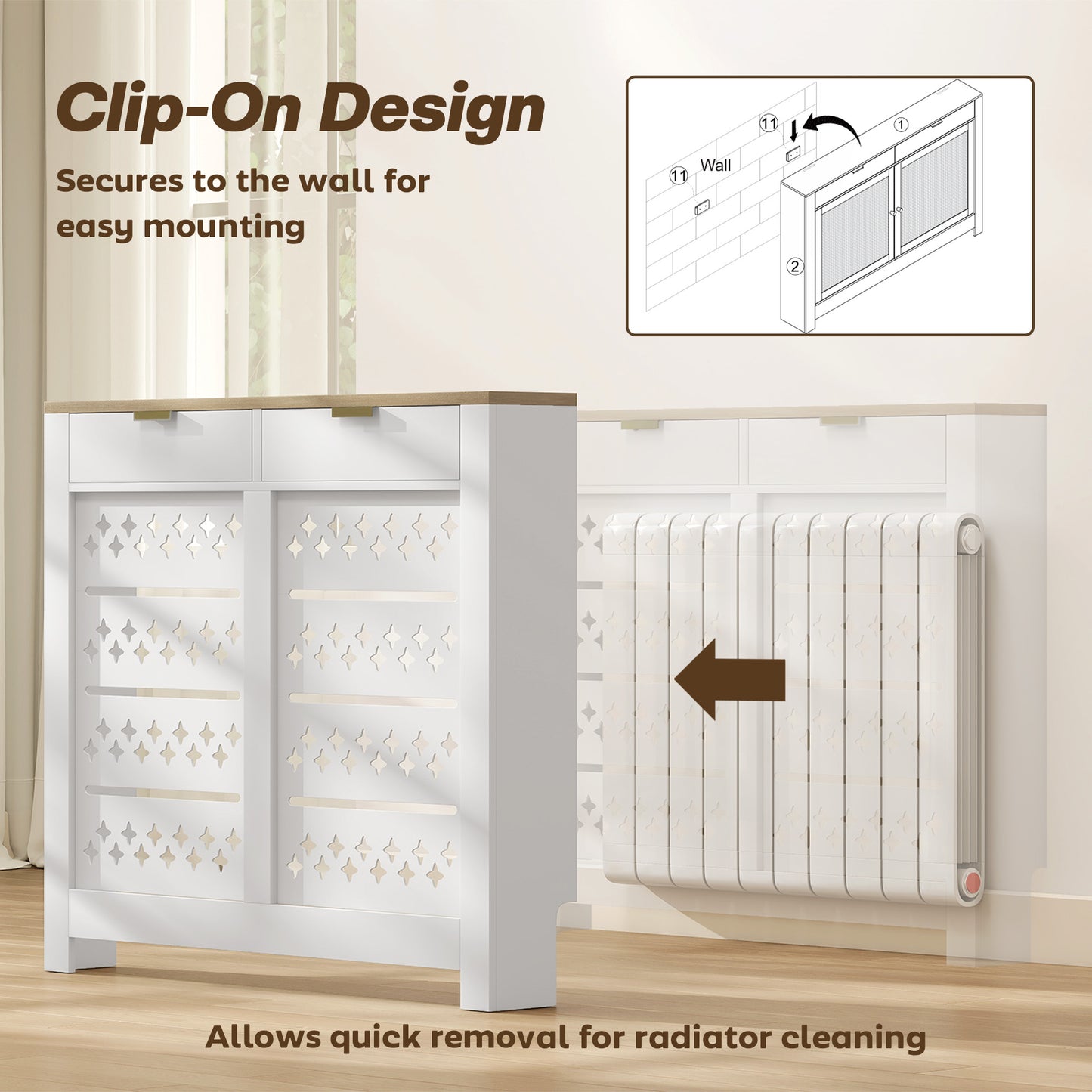 HOMCOM 108 X 19 cm Minimal Radiator Cover With 2 Drawers White Wood Effect Particle Board MDF Blend Safe Design