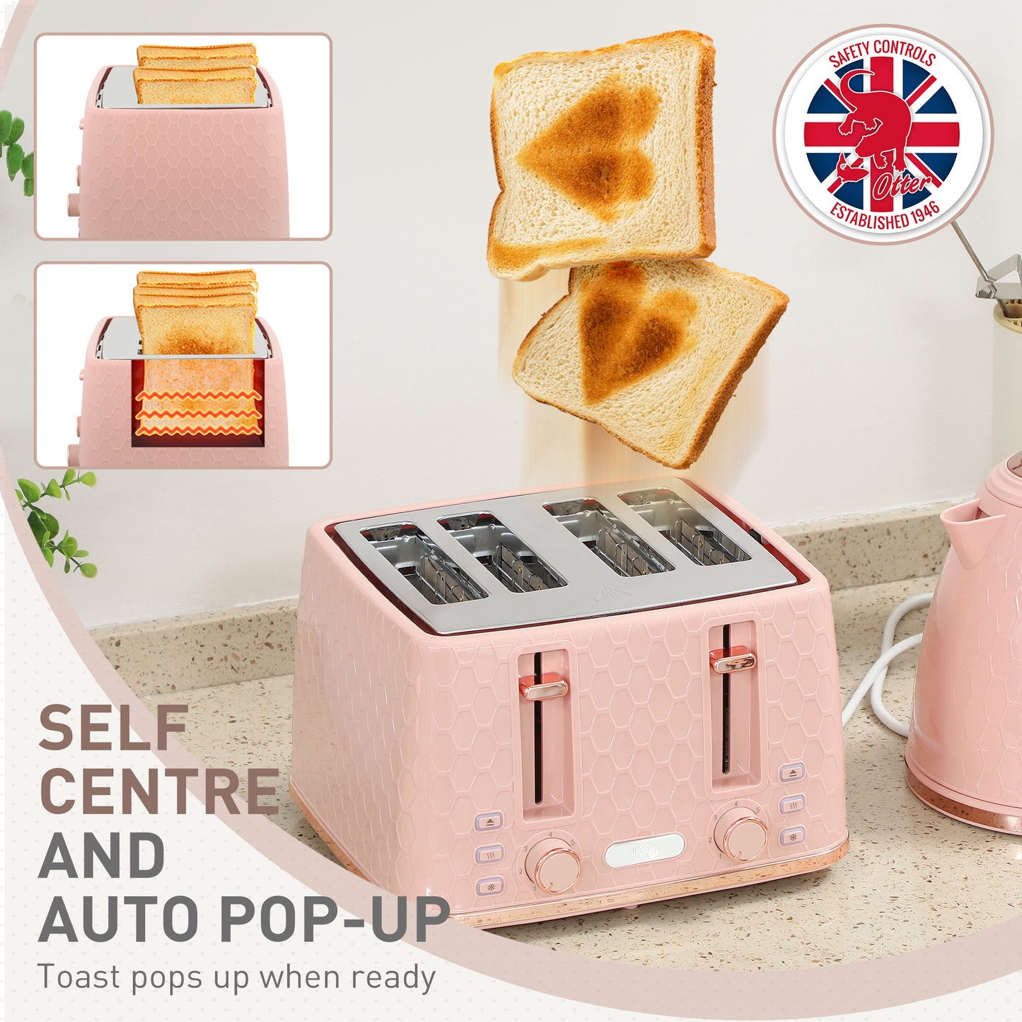HOMCOM Kettle and Toaster Set 1.7L 3000W Fast Boil Kettle 4 Slice Toaster Honeycomb Pattern Light Pink