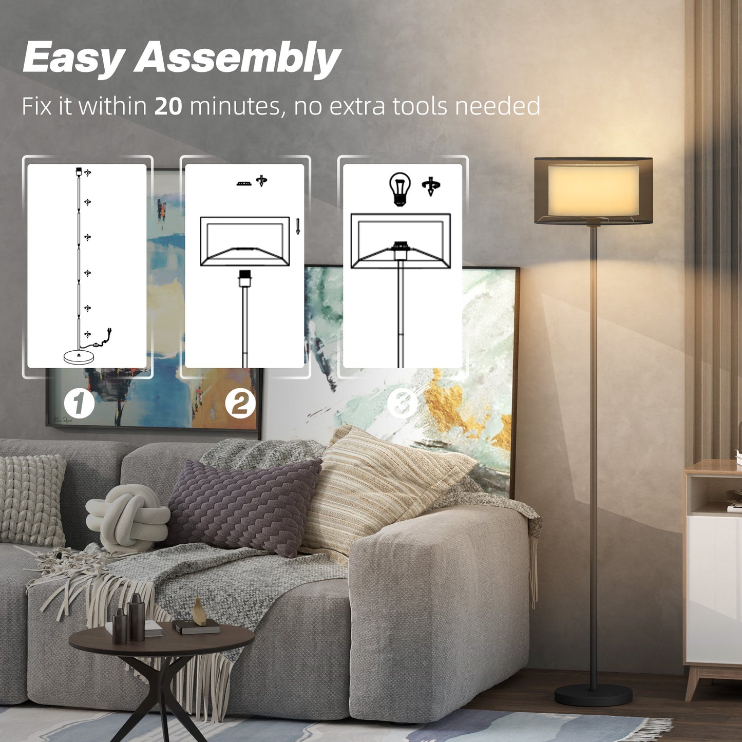 HOMCOM Floor Lamp For Living Room And Office With Double Layer Shade And Foot Switch, Minimalist Tall Pole Black