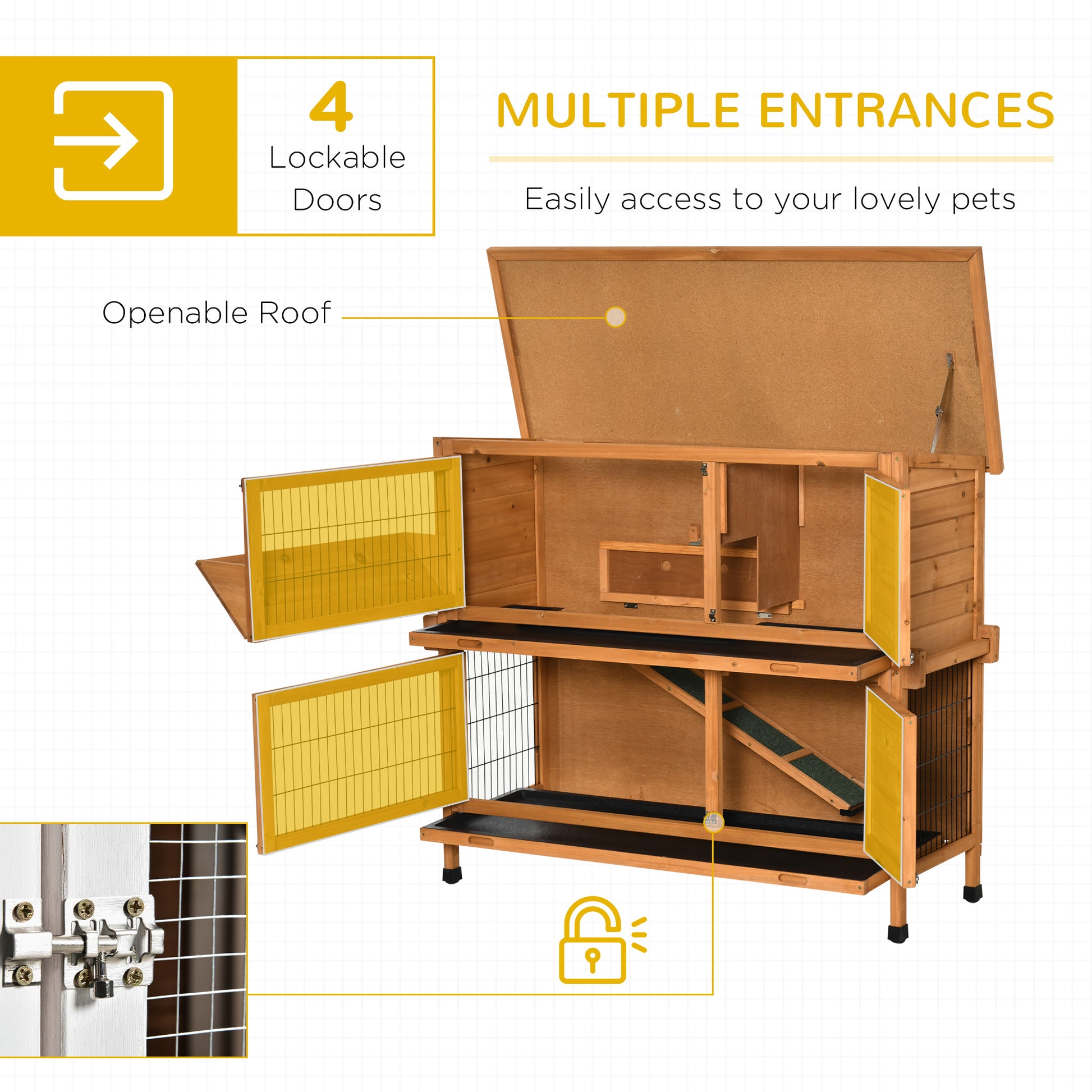 PawHut Outdoor 2-Tier Wooden Rabbit Hutch with Ramp and Removable Trays - Orange - ALL4U RETAILER LTD