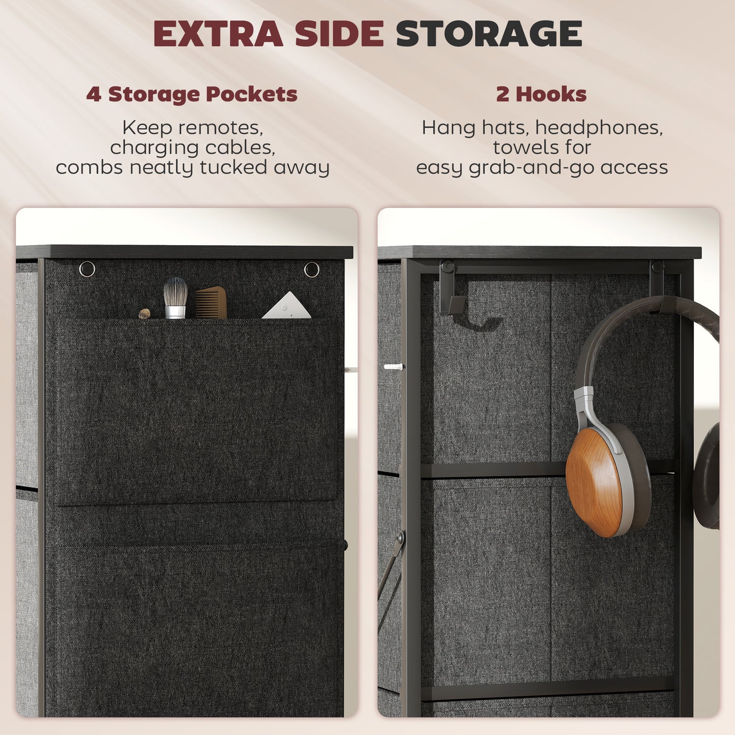 HOMCOM Four-Drawer Fabric Chest Of Drawers In Charcoal Grey With Steel X-Frame And Side Pockets