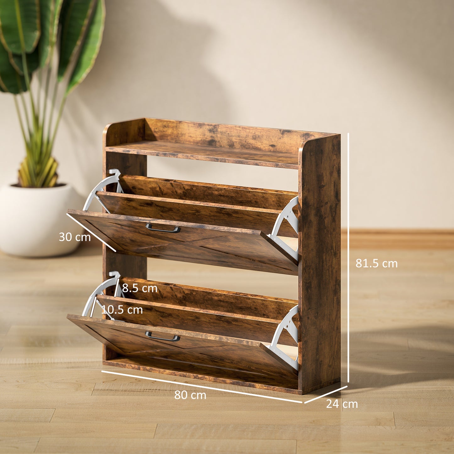 HOMCOM Narrow Shoe Cabinet With Two Flip Drawers And Adjustable Shelves Rustic Brown For Organization Up To 16 Pairs