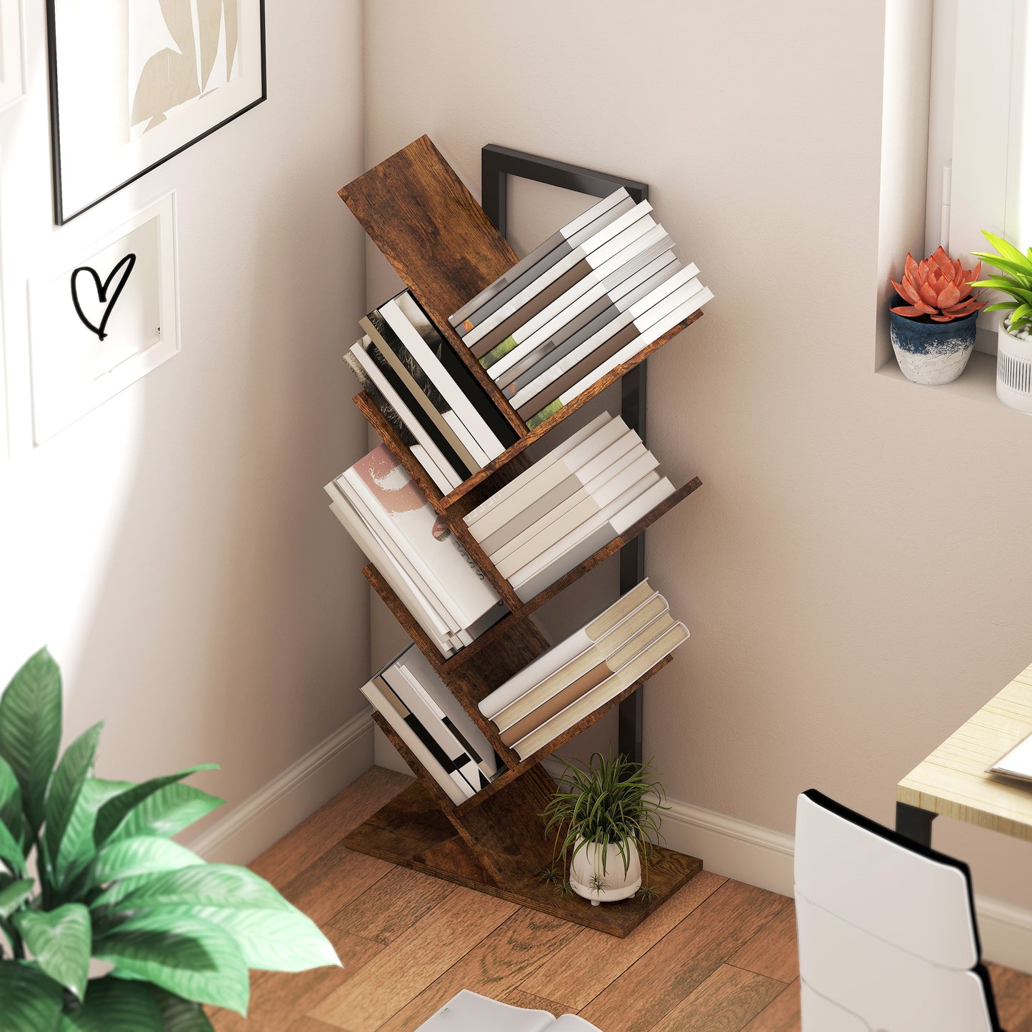 HOMCOM Six Section Tree Bookcase With Steel Frame And Wood Effect Finish For Books Magazines And Media Storage