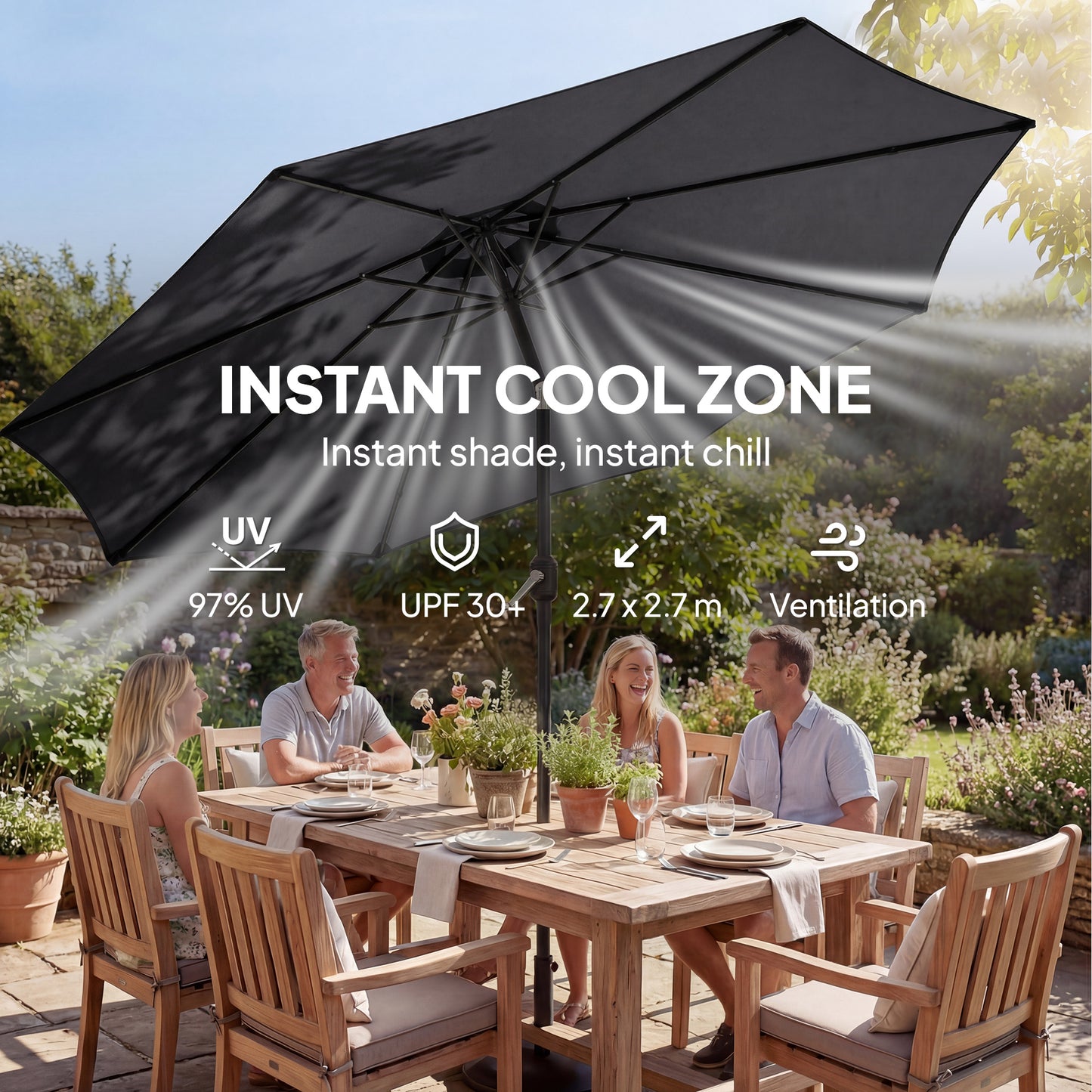 Outsunny 2.7 m Garden Parasol Umbrella With Cross Base And Sandbag Retractable Ribs Outdoor Market Umbrella Black