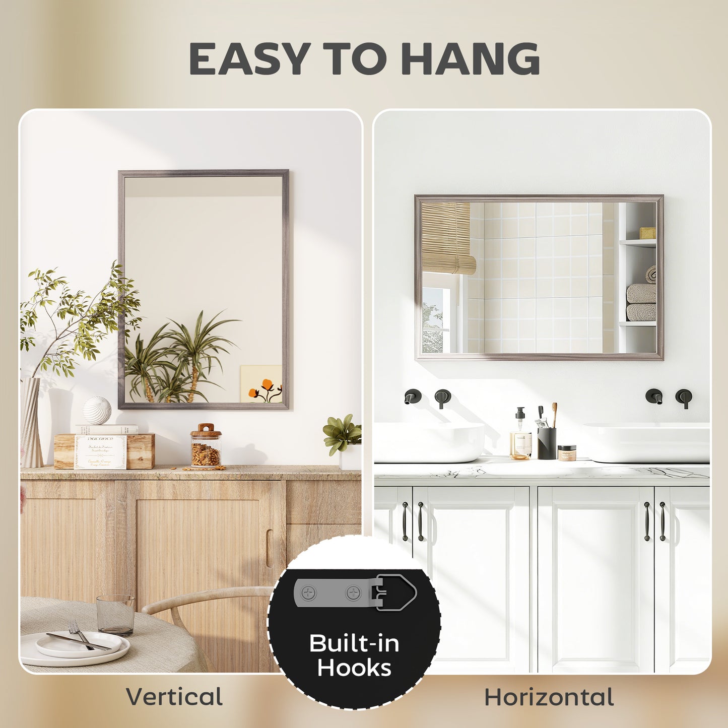 HOMCOM Wall Mounted Mirror 50 x 70 cm Grey Shatter Proof For Bathroom Living Room Bedroom Hallway