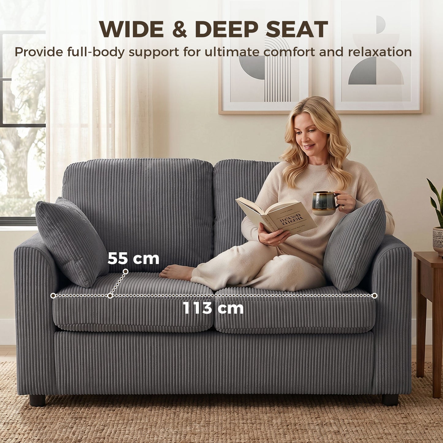 HOMCOM 2 Seater Sofa Corduroy Small Couch With Spring Cushion Wide Deep Seat Dark Grey