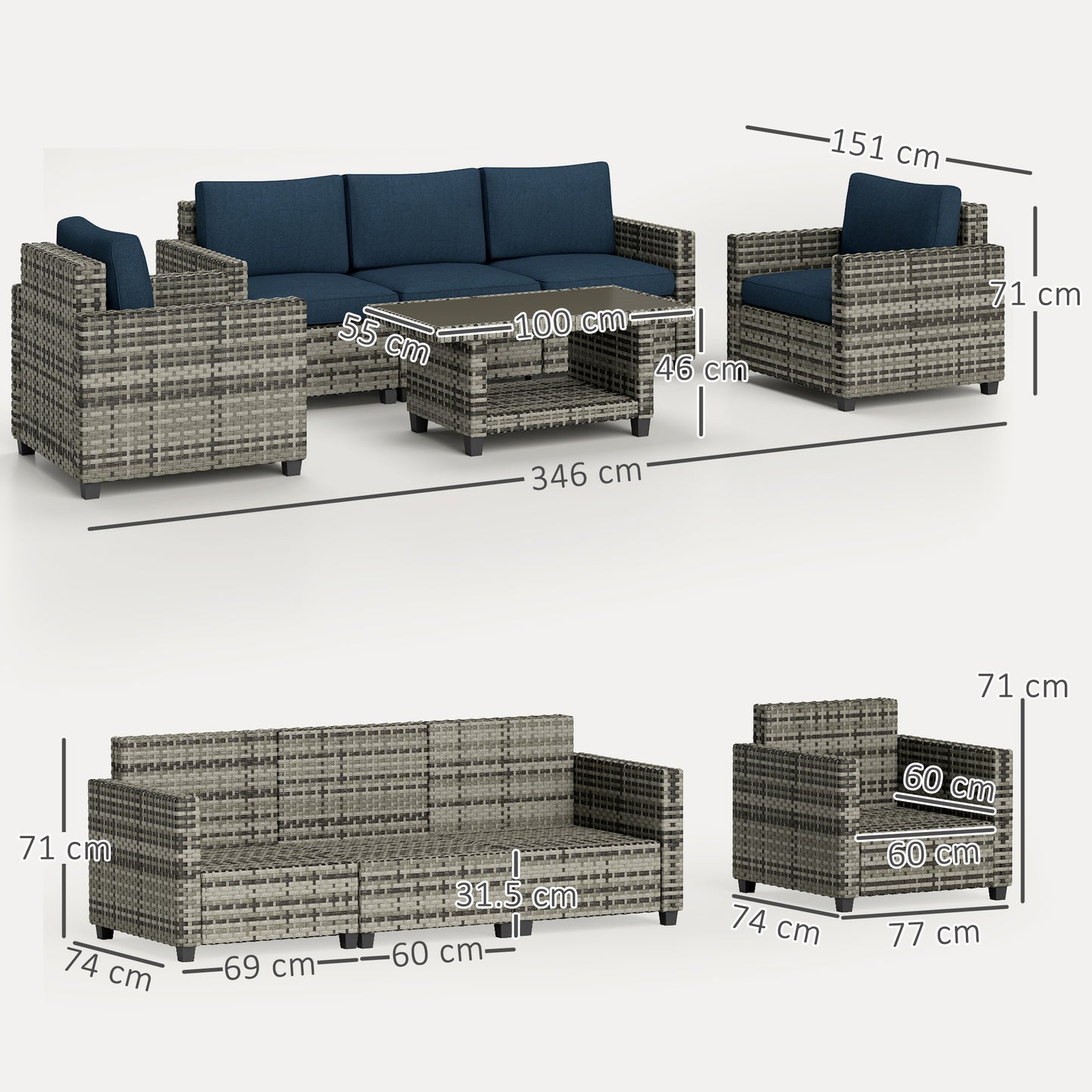 Outsunny Six Piece Modular Rattan Sofa Set Navy Blue Outdoor Garden Furniture With Table And Corner Chairs