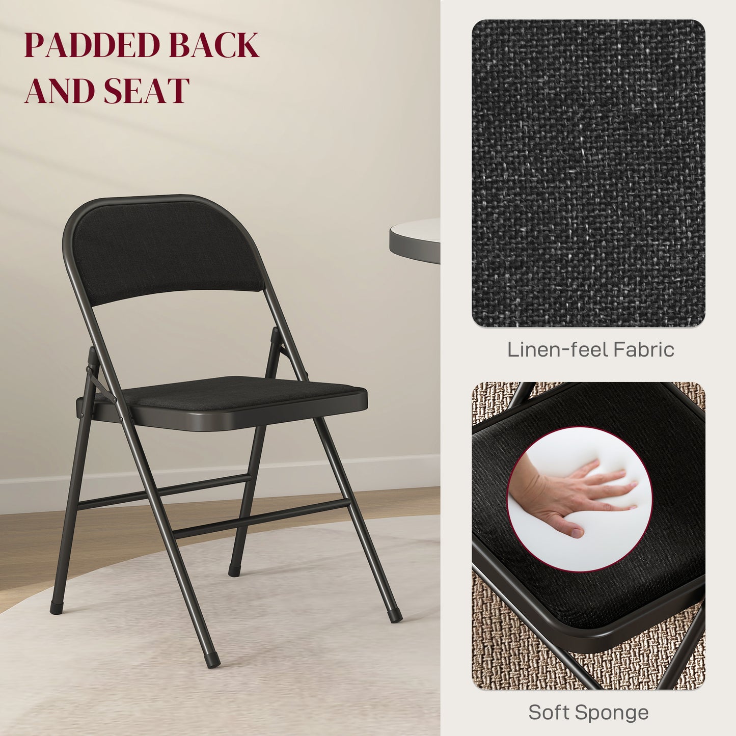 HOMCOM Linen Look Cushioned Folding Chairs Set Of Four Black With Steel Frames Indoor Or Outdoor Use