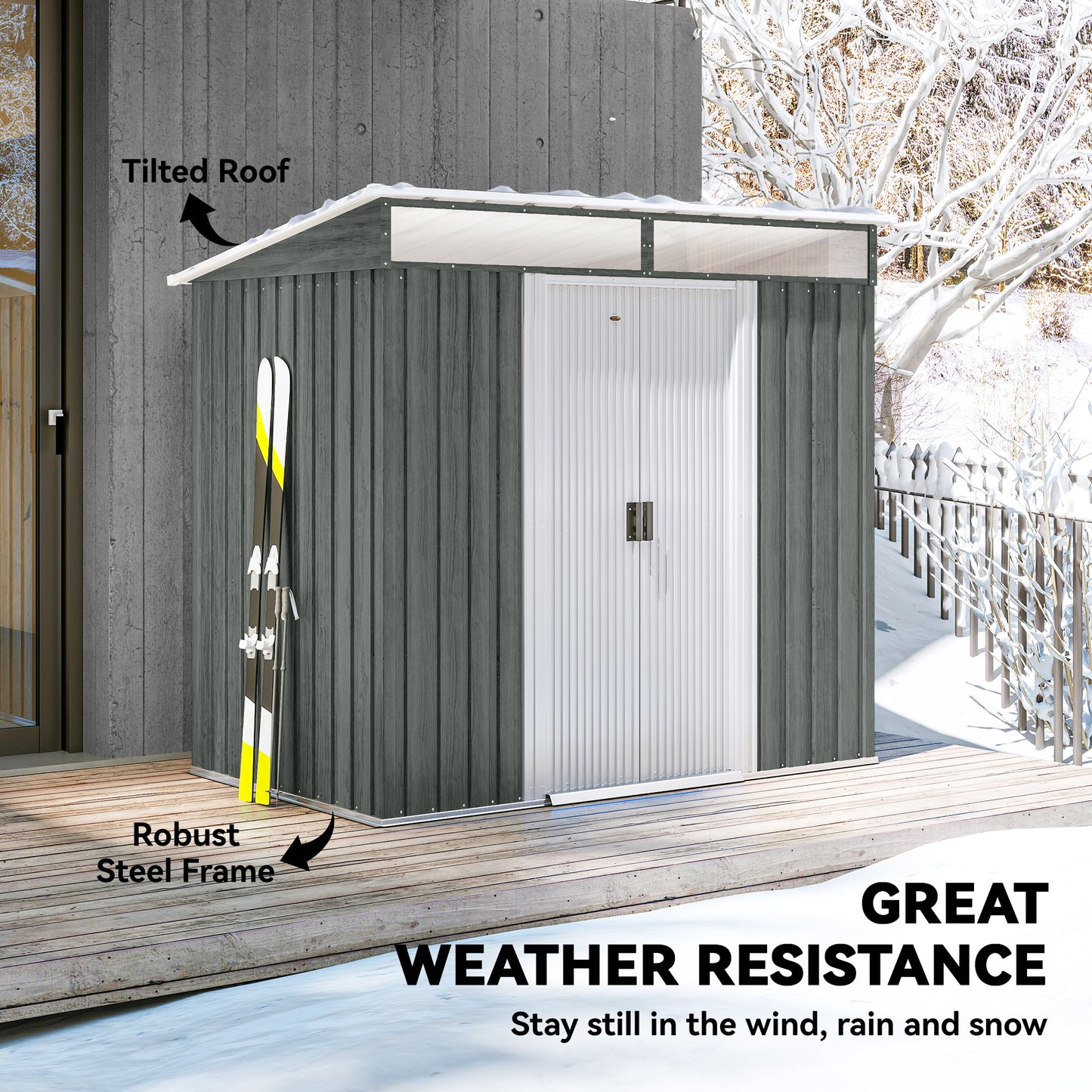 Outsunny Six Point Five By Four Feet Galvanised Metal Shed With Lockable Double Sliding Doors Vents Light Grey