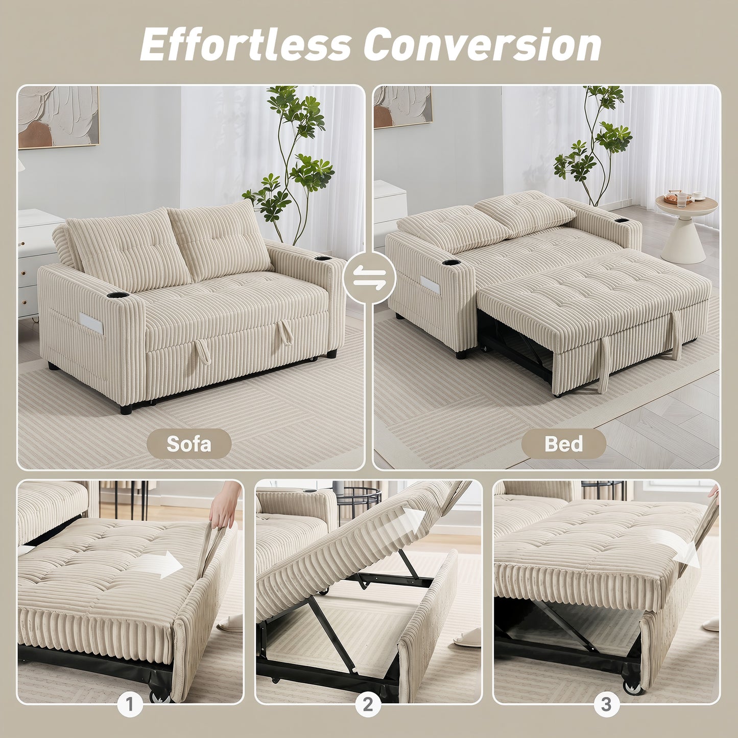 HOMCOM Corduroy Click Clack Sleeper Sofa With Pull Out Design 2 Seater Sofa Bed Cream White