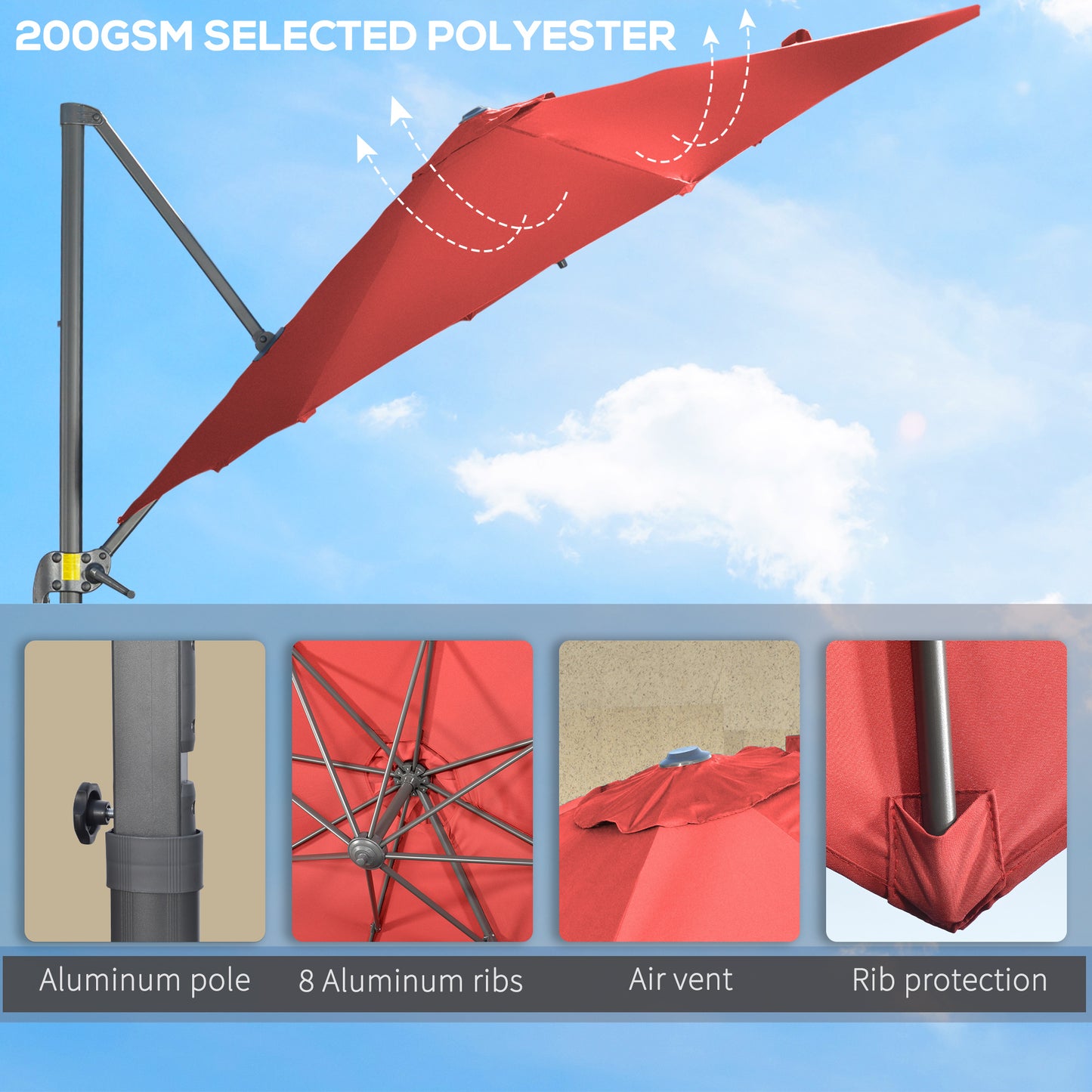 Outsunny 3m x 3m Wine Red Cantilever Parasol with Cross Base and Crank Handle - ALL4U RETAILER LTD