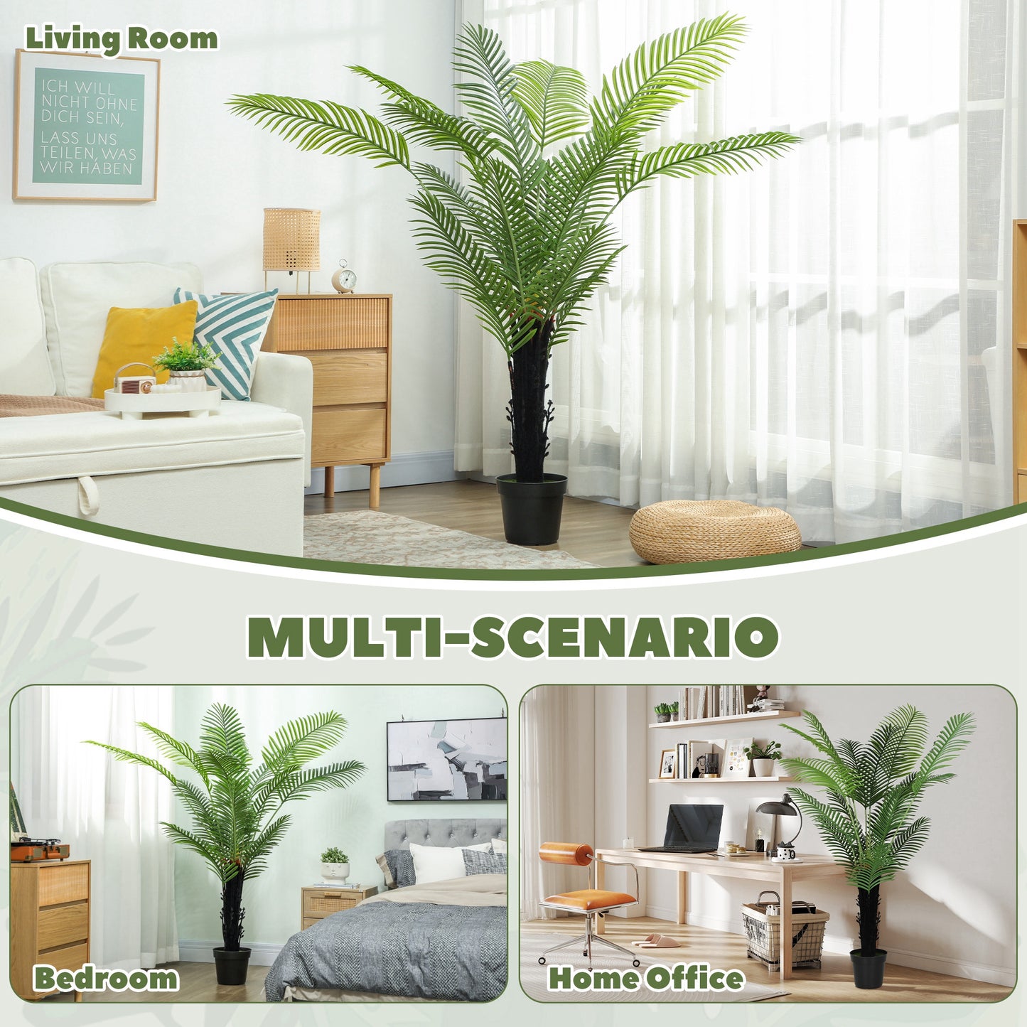 Artificial Areca Palm Tree 175cm with 16 PE Leaves Plastic Pot Flocked Soil Indoor Plant for Home Office Decor