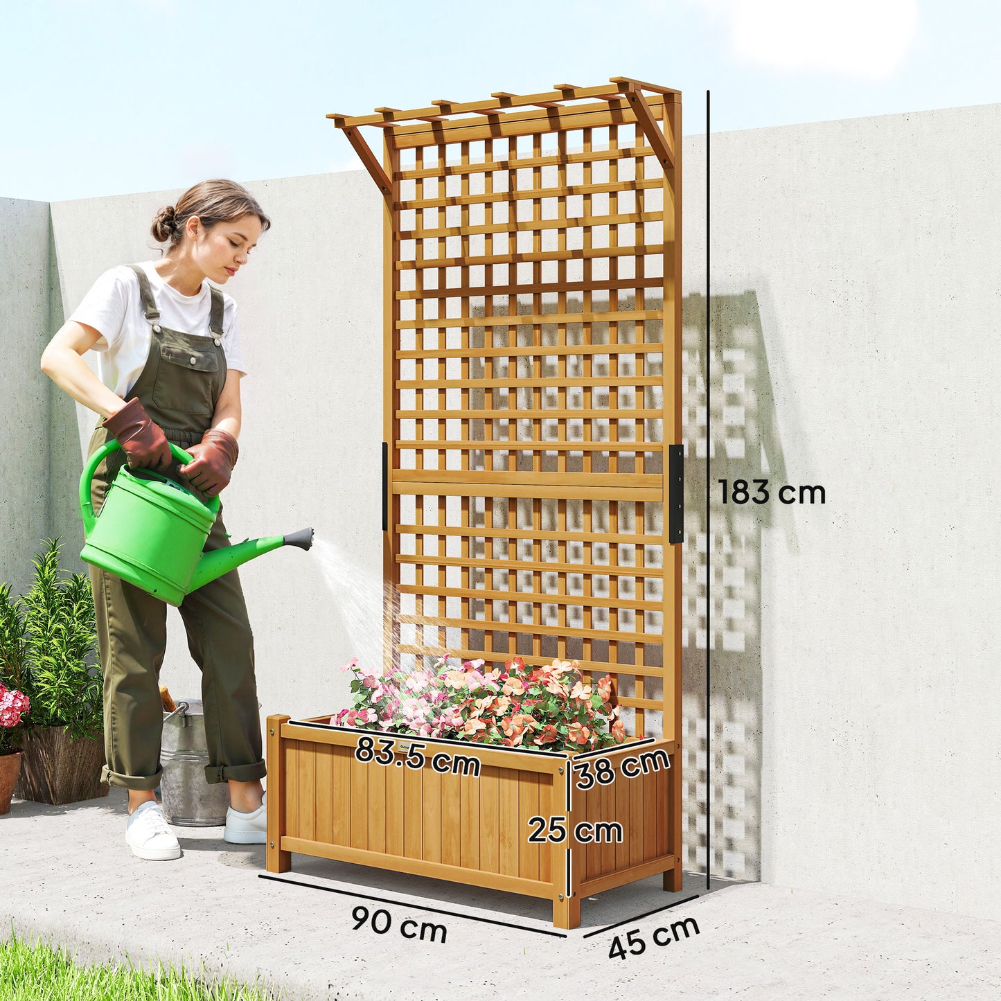 Outsunny Raised Bed Wood Planter With Trellis Drainage Holes For Climbing Plants Grow Vegetables And Flowers Yellow