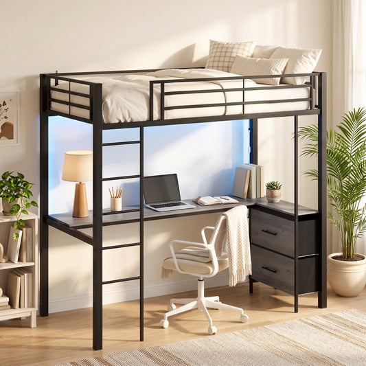 HOMCOM Metal Bunk Bed With Desk Built In Workstation LED Light High Sleeper Guardrail No Box Spring Needed