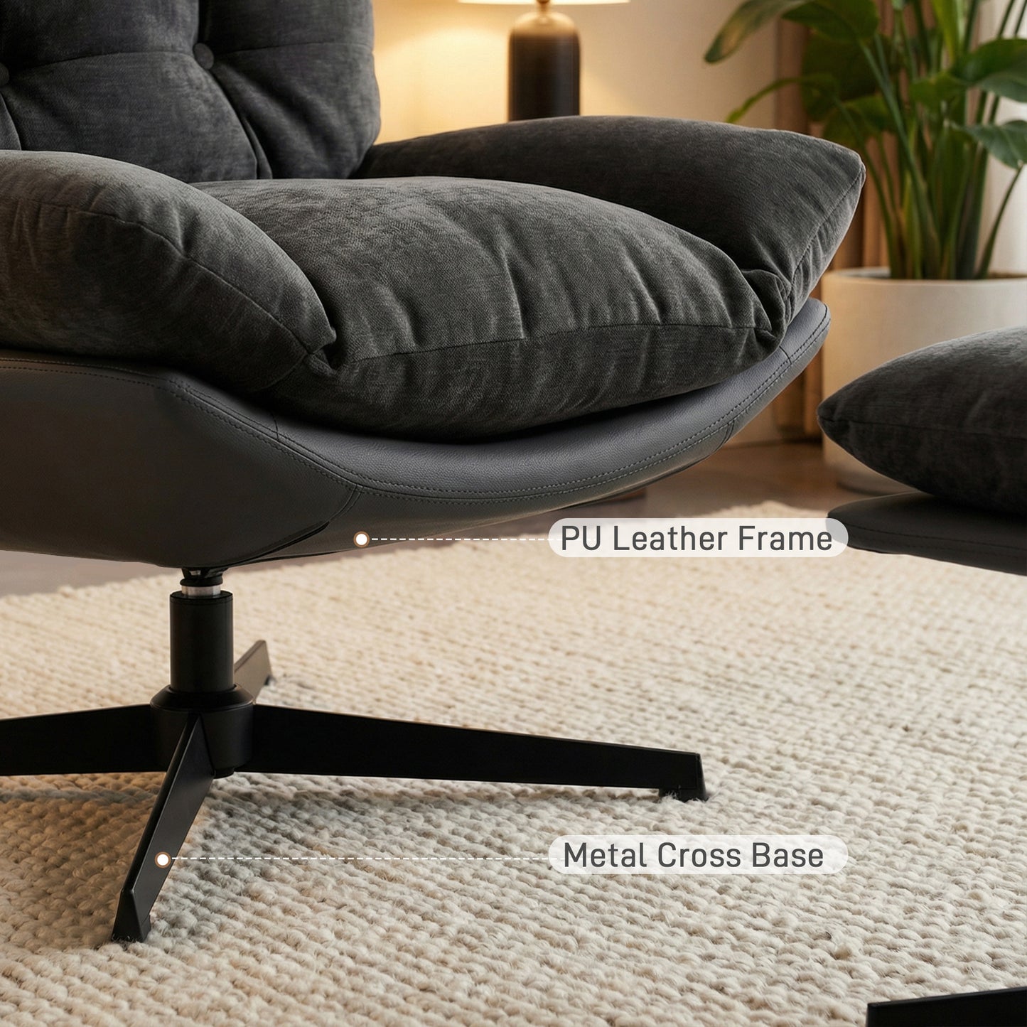 HOMCOM Accent Chair With Footstool Swivel Lounge Chair Chenille Upholstery Metal Base Dark Grey