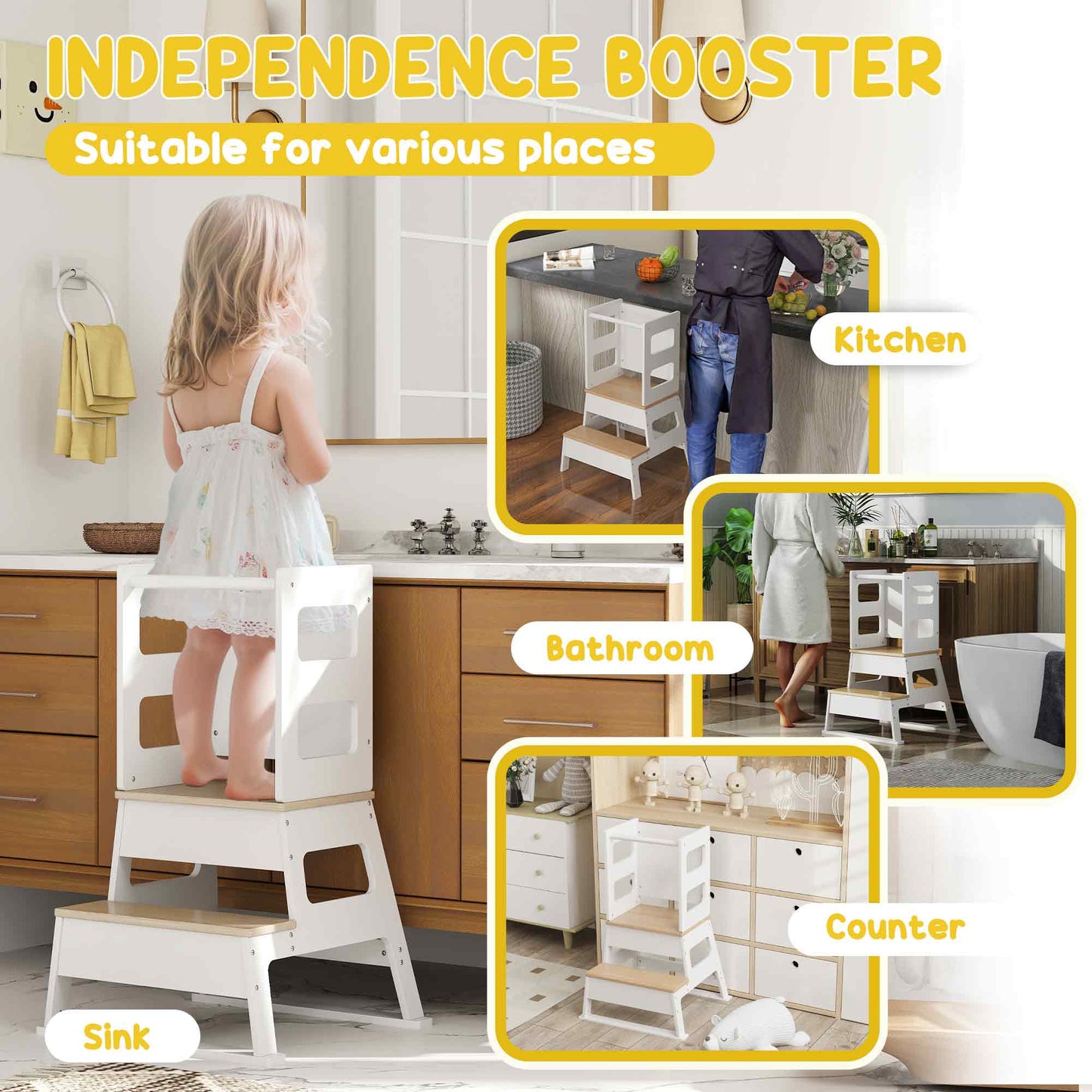 AIYAPLAY 2 In 1 Toddler Tower With Chalkboard Safety Rail For Kitchen Counter Bathroom Sink White