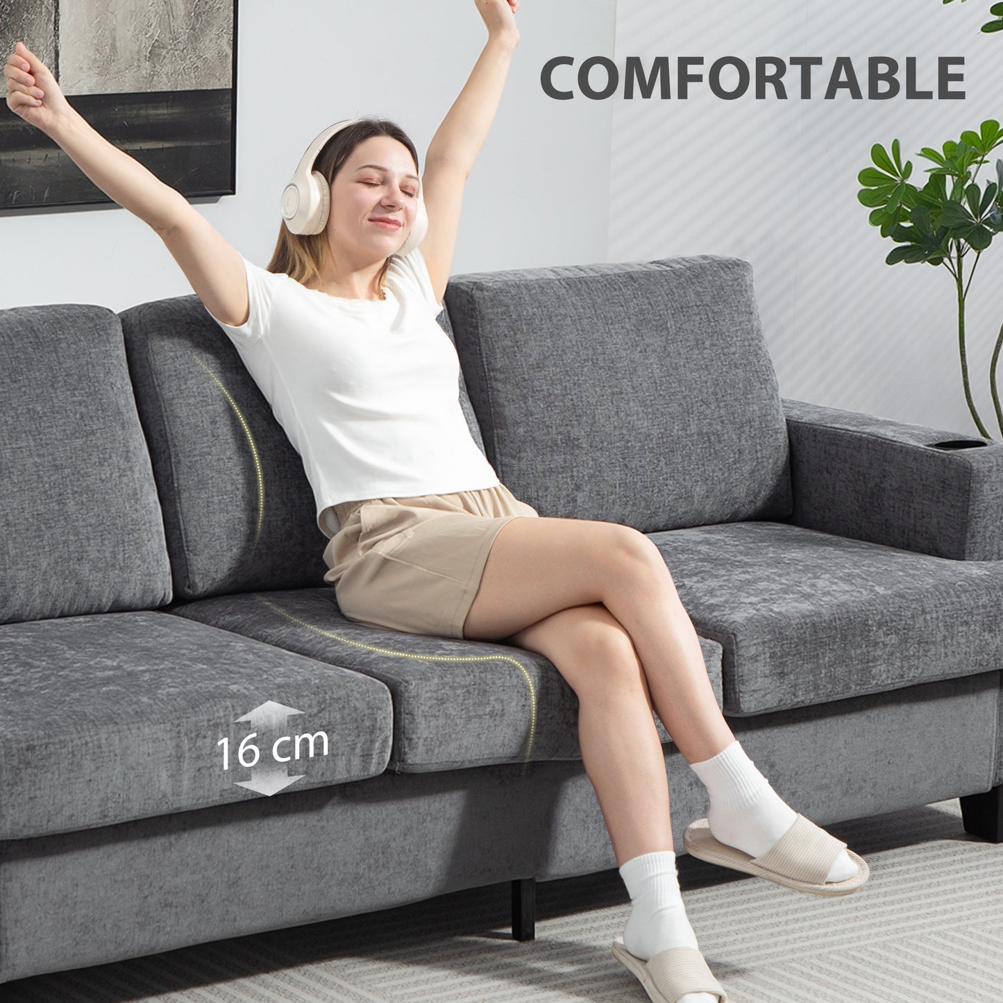HOMCOM Three Seater Sofa With USB Ports And Cup Holders Grey Chenille Feel Upholstered For Living Room Comfort