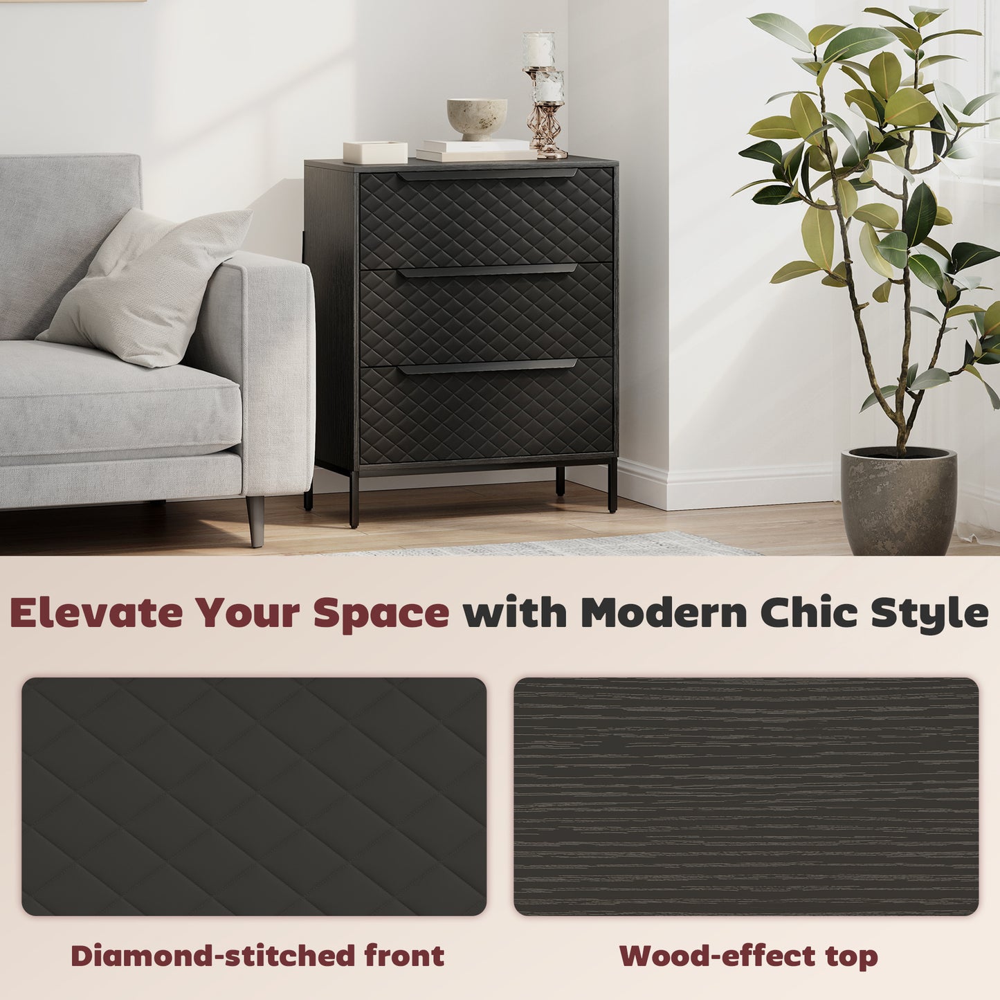 HOMCOM Chest Of Drawers With 3 Fabric Drawers And Aluminium Handles Black Modern Bedroom Storage